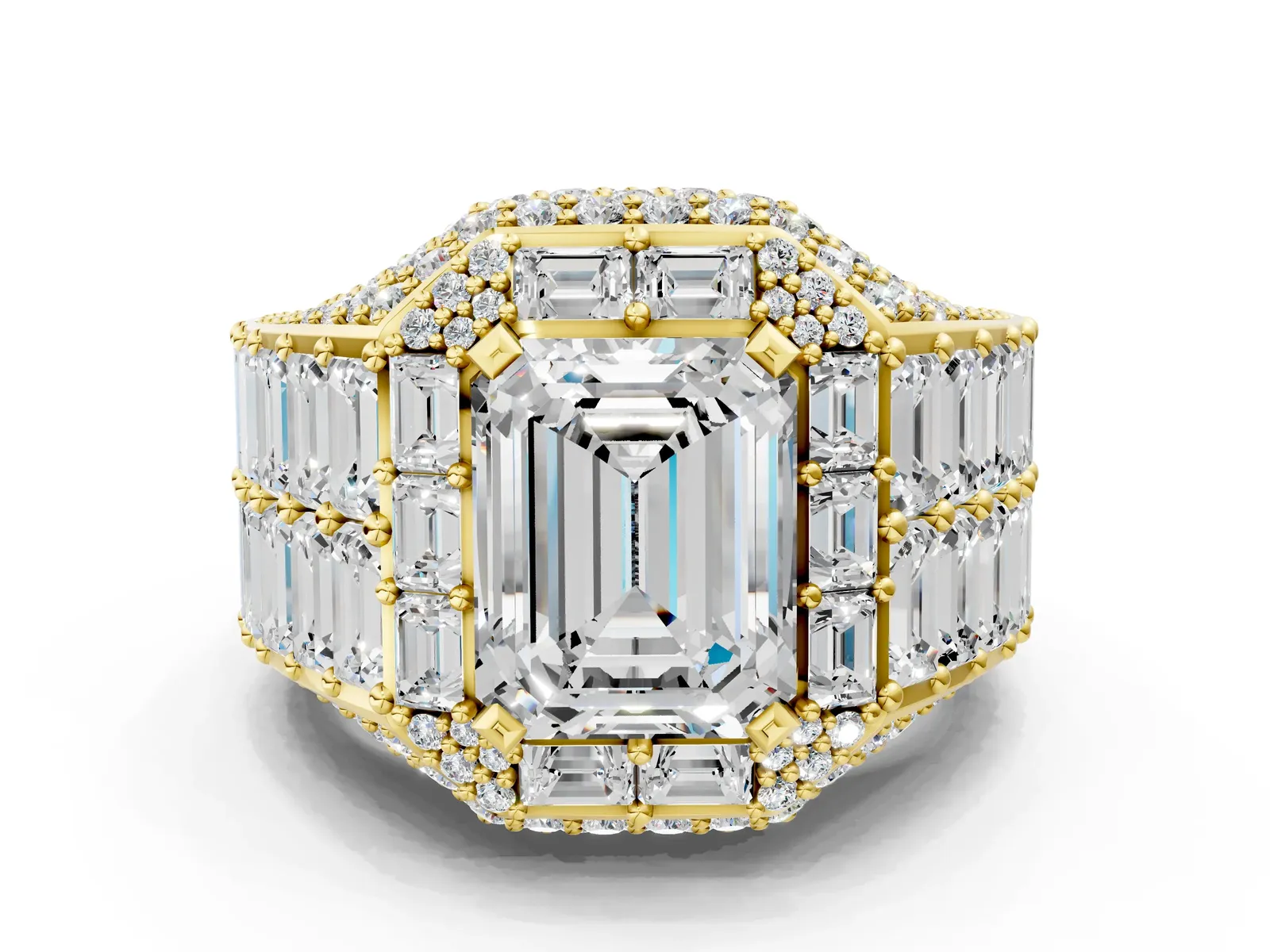 Emerald Cut Diamond Pavé Statement Mens Ring with Baguette Accents Yellow gold