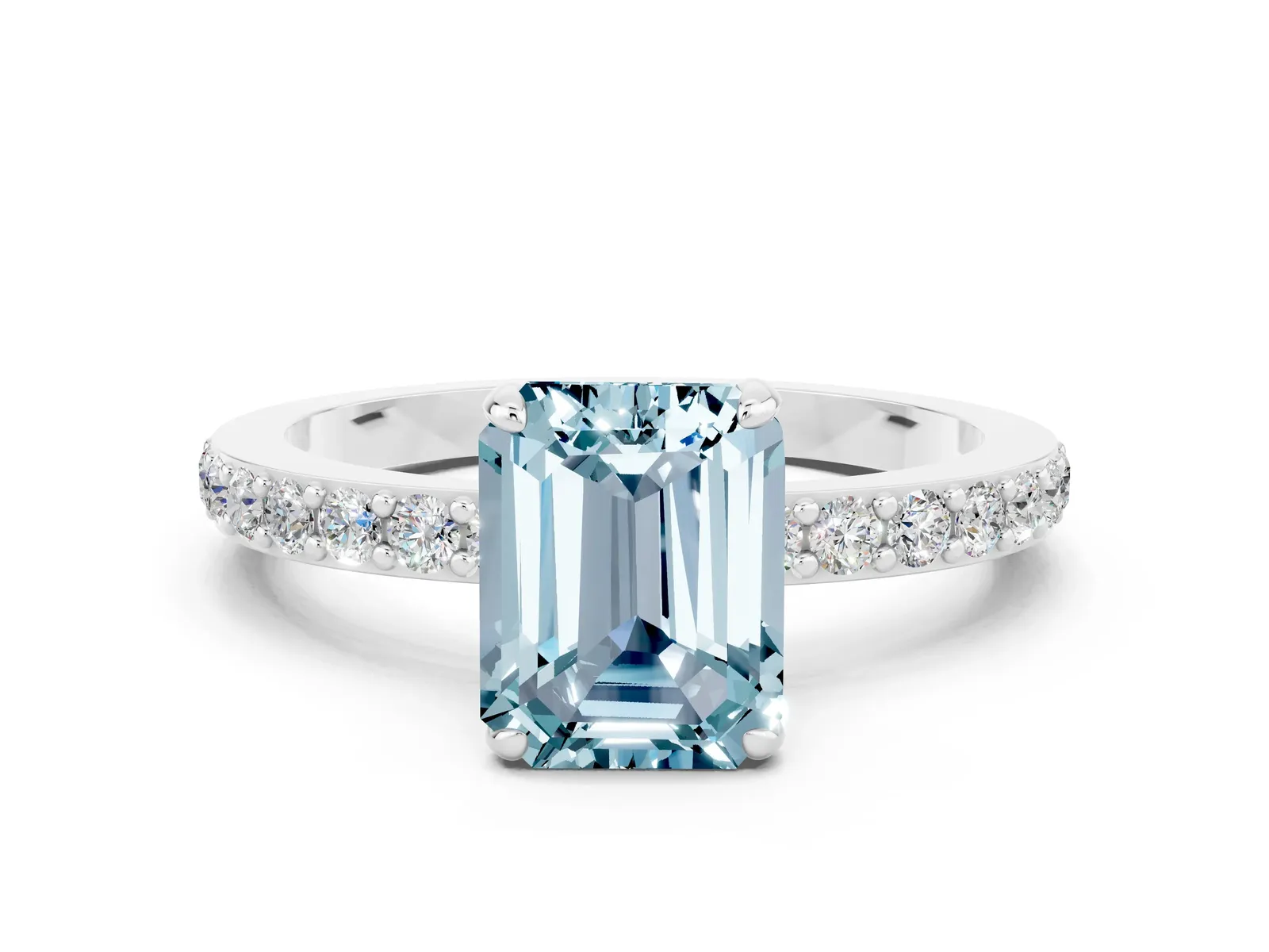 Emerald Cut Aquamarine Solitaire Engagement Ring with Pavé Band and Four-Prong Setting Platinum
