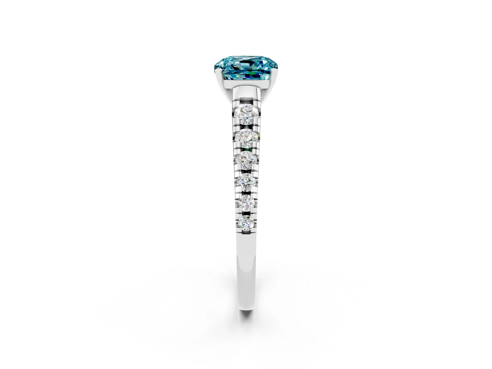 Cushion Cut Blue Topaz Cathedral Solitaire Ring with Round Pavé Band Platinum