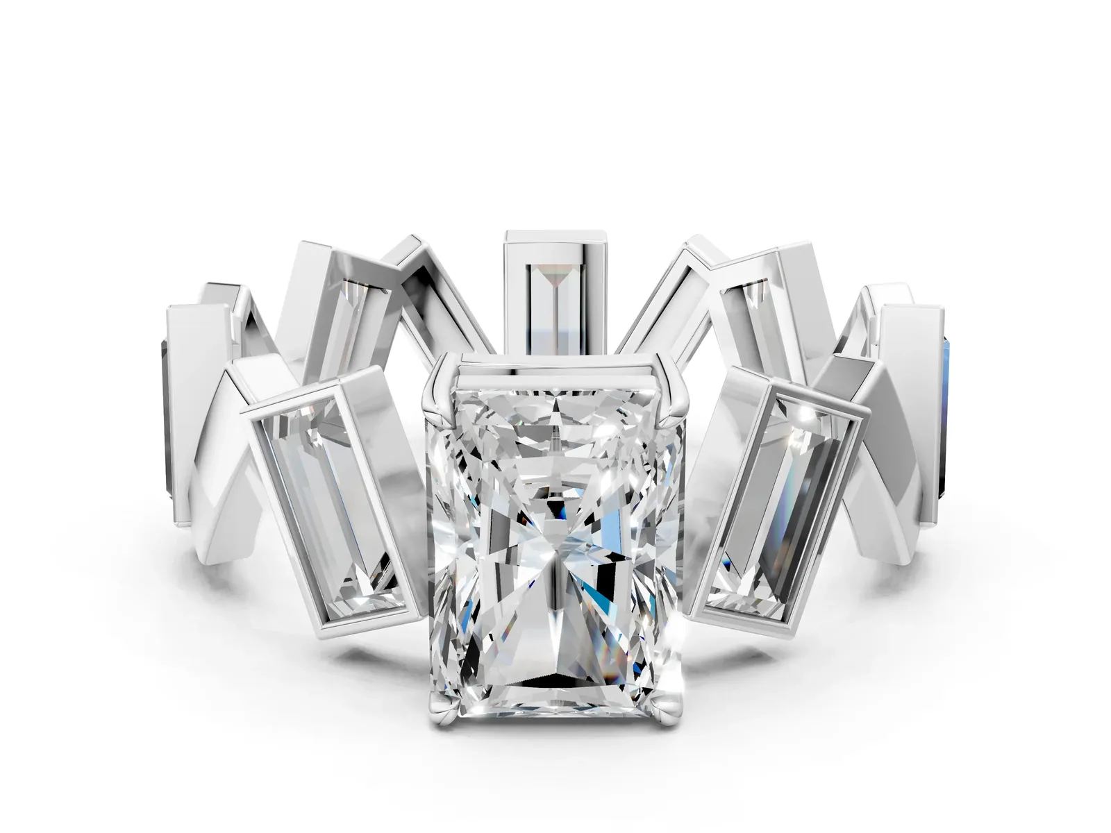 Radiant Diamond Geometric Side Stone Engagement Ring White gold