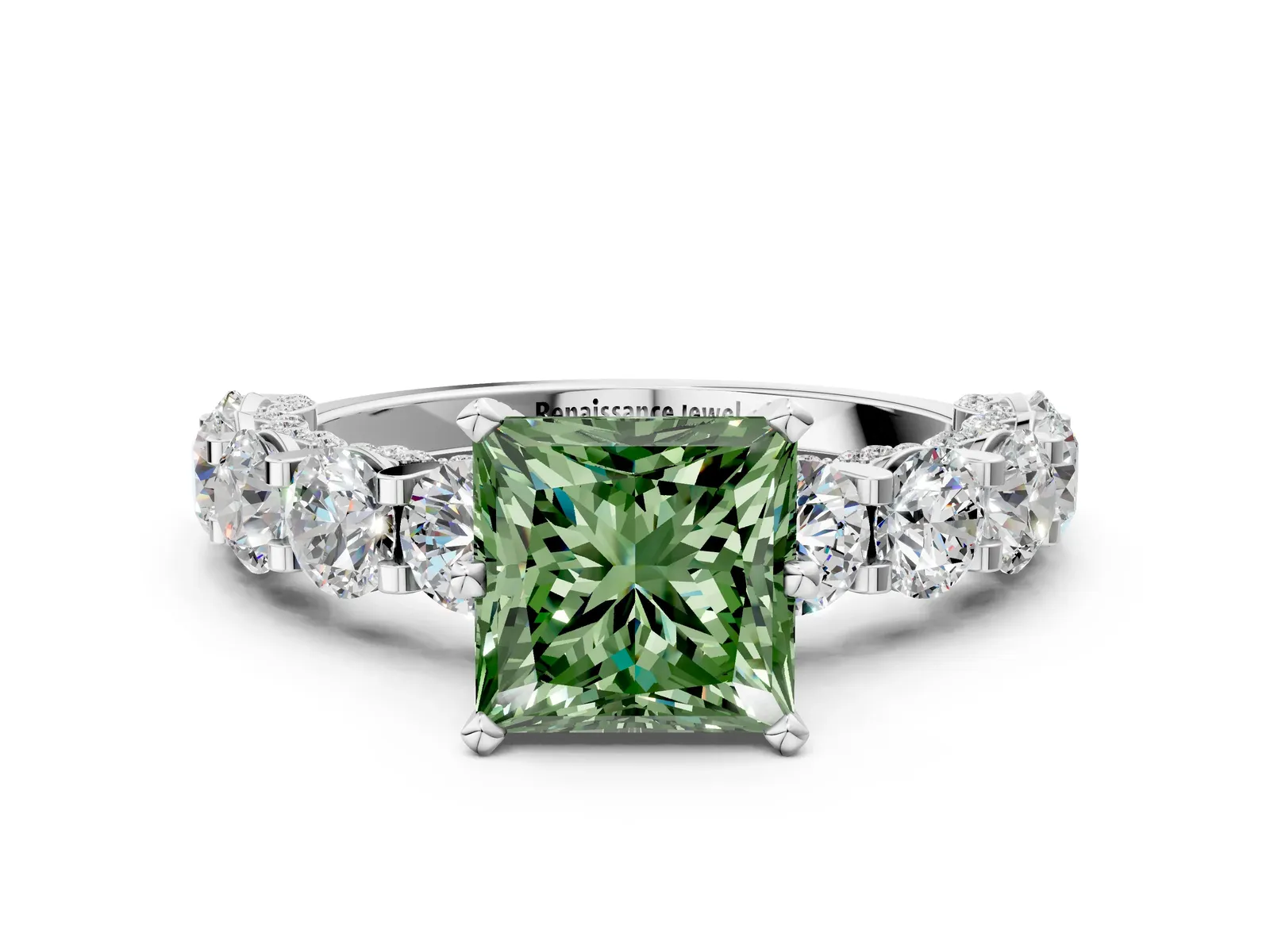 Fancy Green Princess Cut Diamond Side Stone Engagement Ring with Four-Prong Setting White gold
