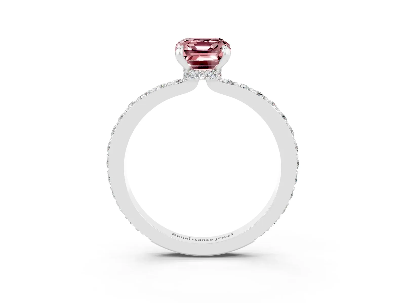 Emerald Cut Morganite Solitaire Engagement Ring with Pavé Band and Four-Prong Setting Platinum