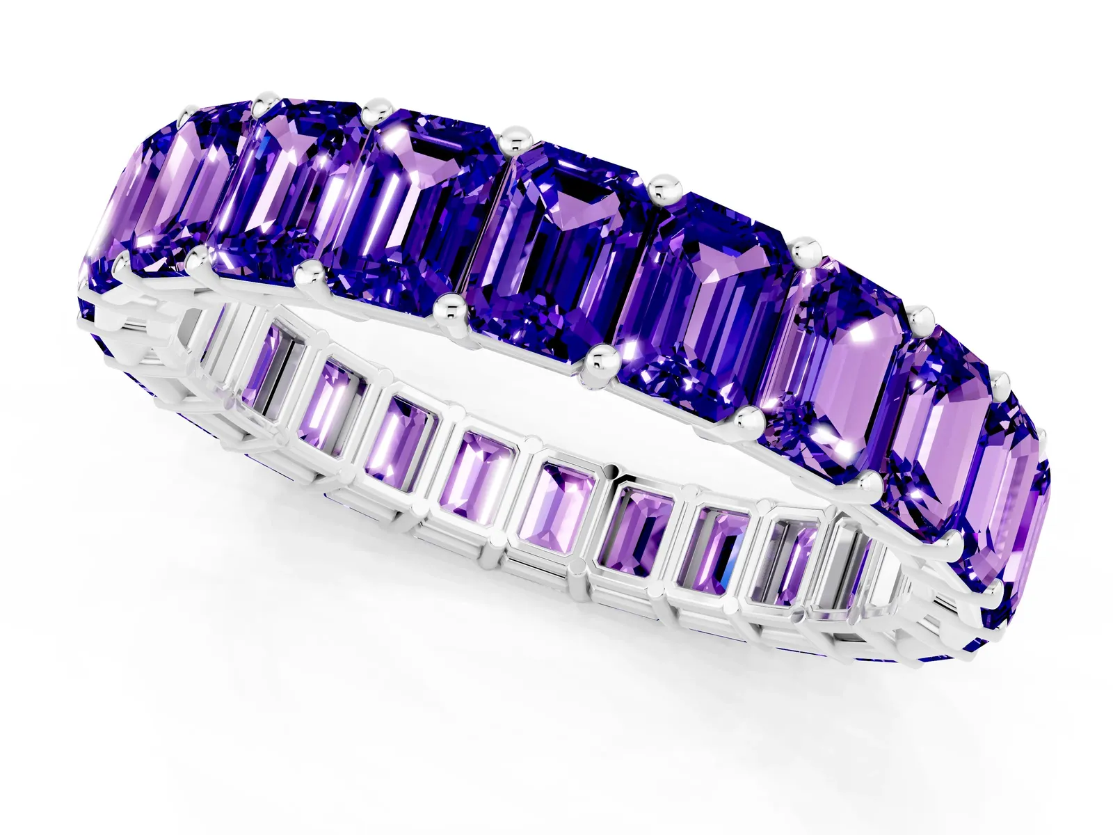 Emerald Cut Tanzanite Eternity Band with Shared Prong Setting Platinum