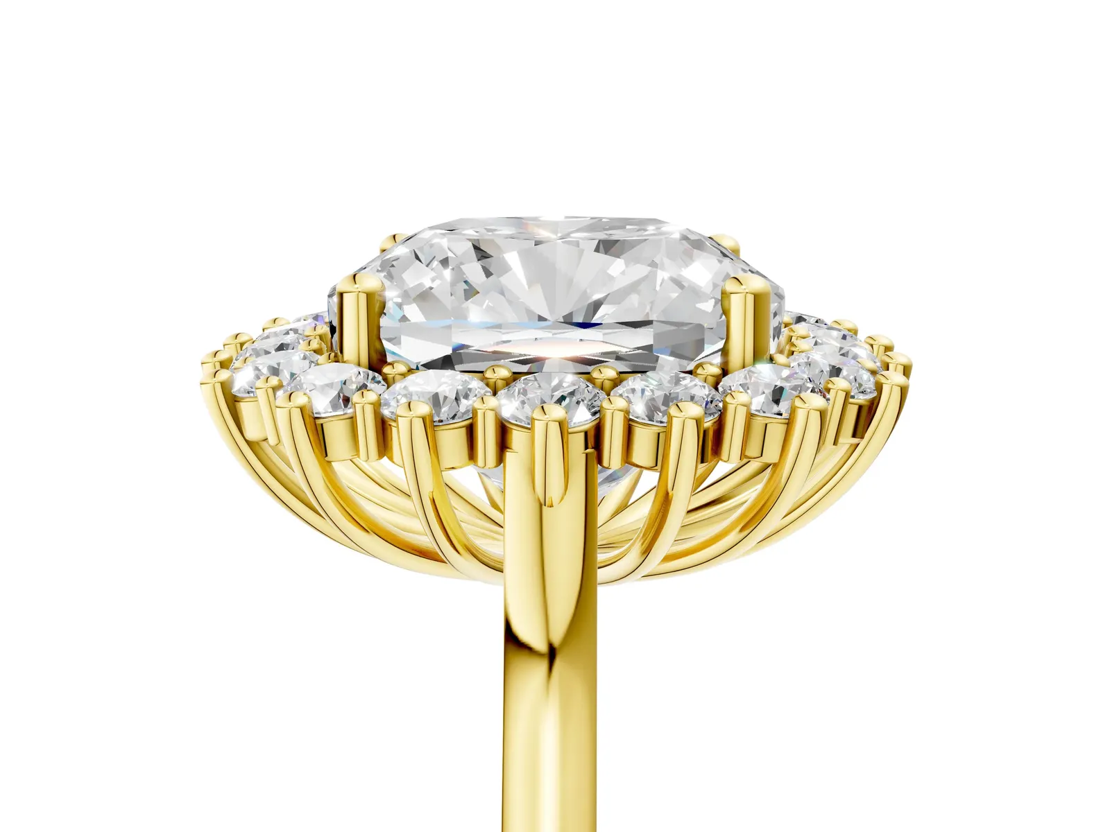 Cushion Diamond Halo Engagement Ring with Round Diamond Accents Yellow gold