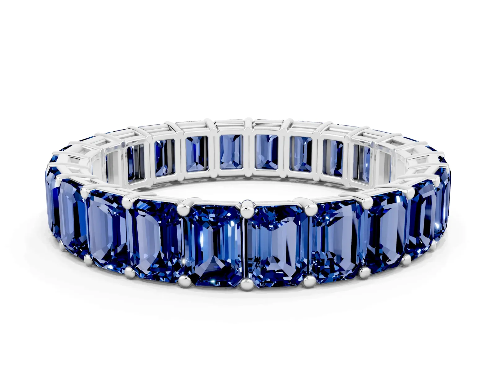 Emerald Cut Blue Sapphire Eternity Band with Shared Prong Setting Platinum