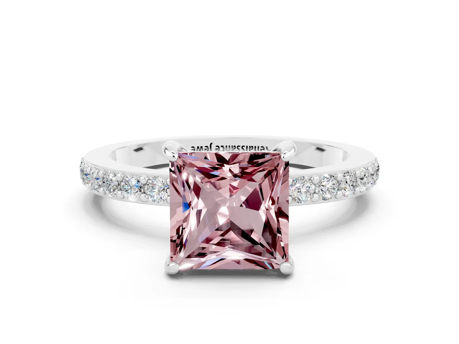 Princess Cut Morganite Solitaire Engagement Ring with Pavé Band and Four-Prong Setting Platinum