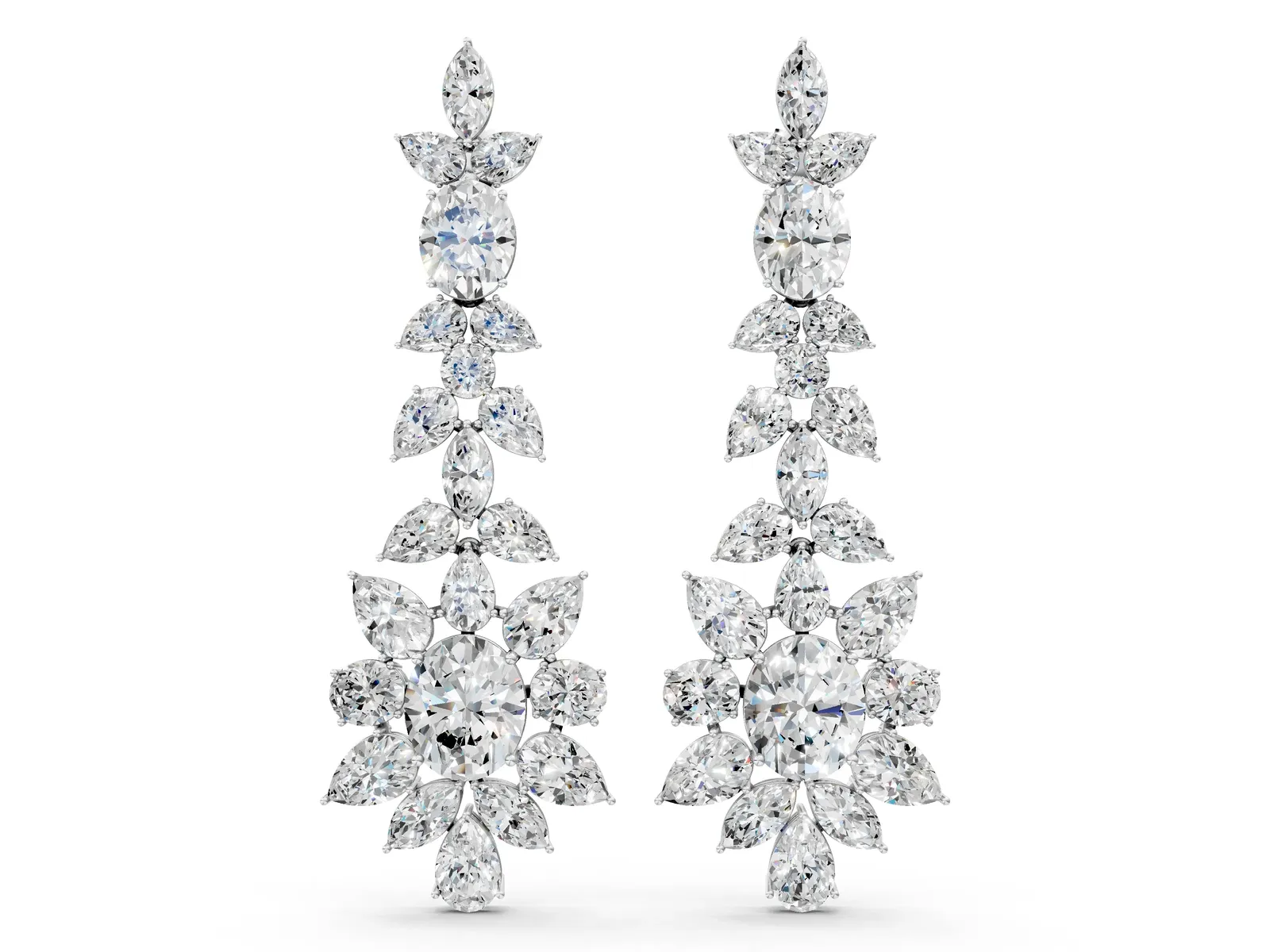 Oval, Pear, Marquise and Round Diamond Floral Cascade Drop Earrings Silver