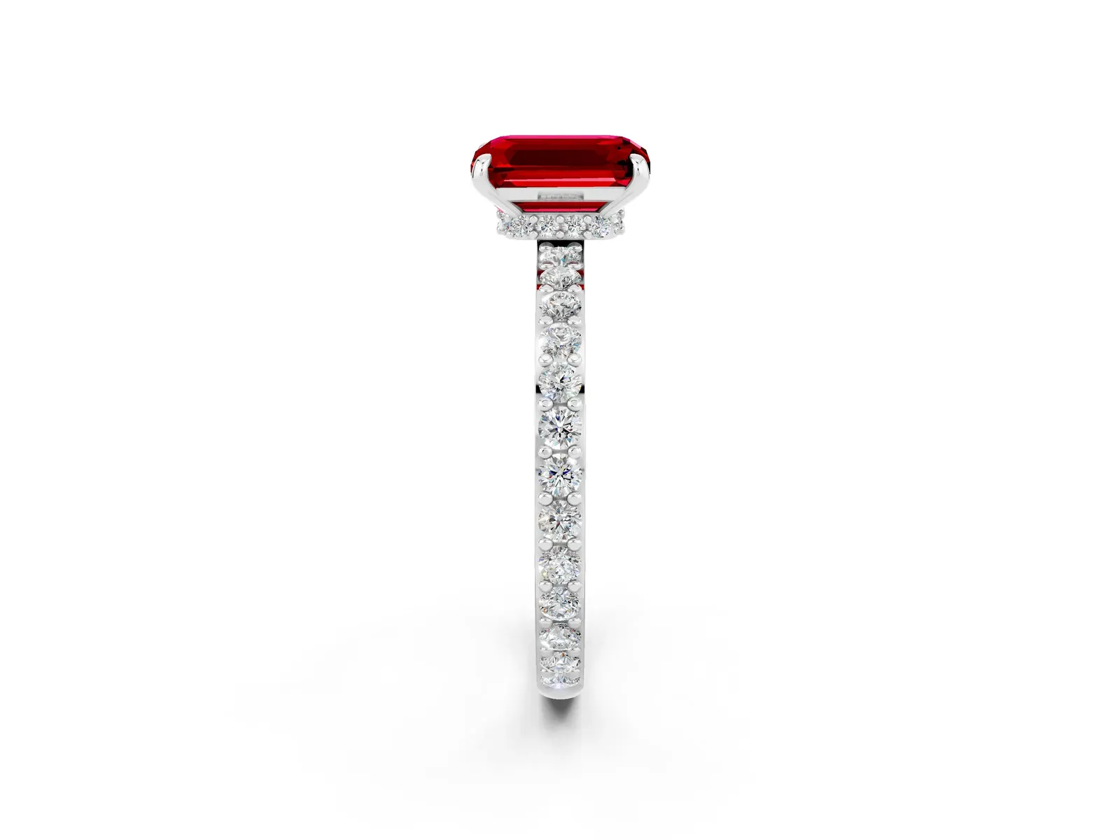 Emerald Cut Ruby Solitaire Engagement Ring with Pavé Band and Four-Prong Setting Platinum