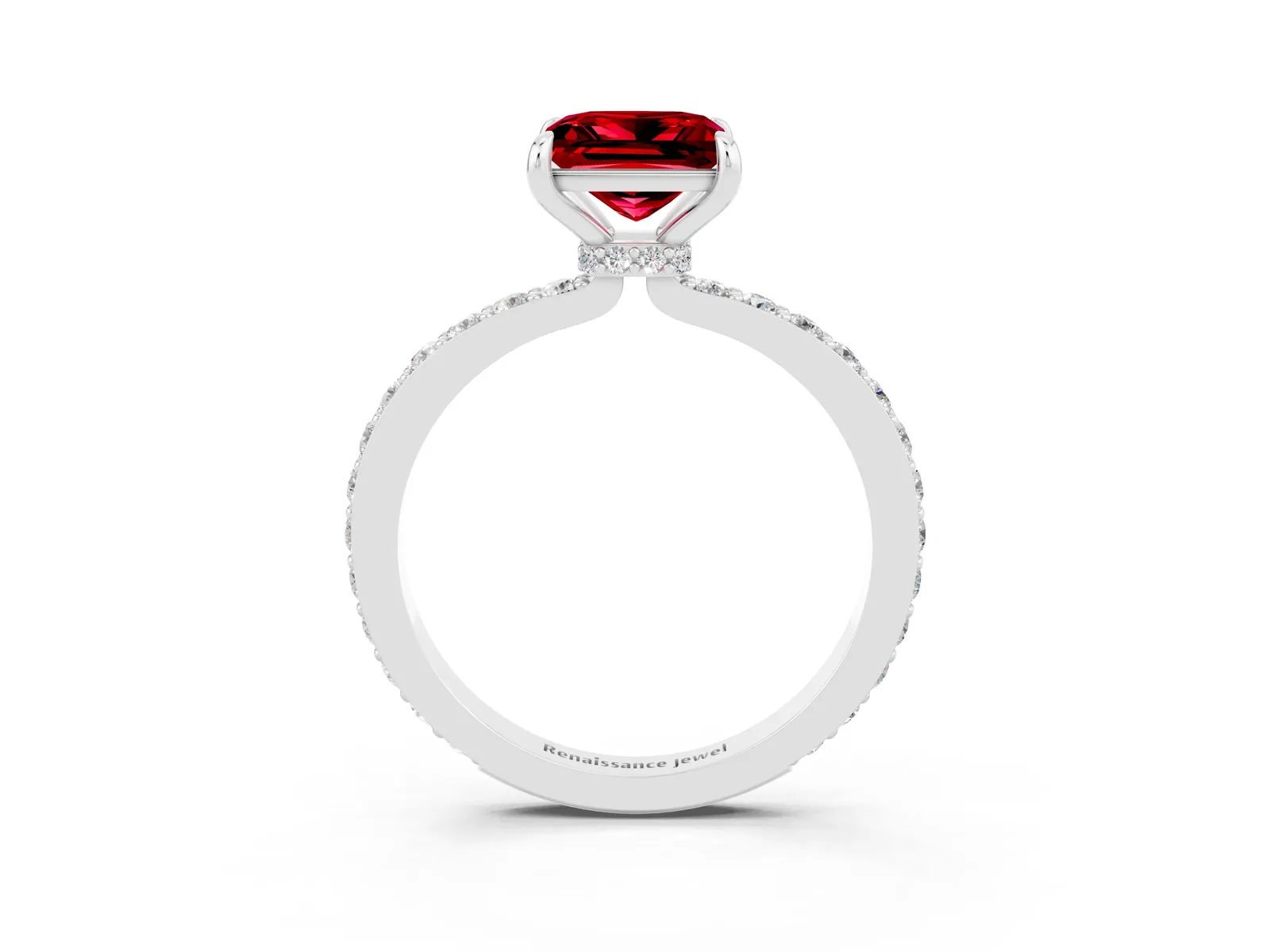Princess Cut Ruby Solitaire Engagement Ring with Pavé Band and Four-Prong Setting Platinum