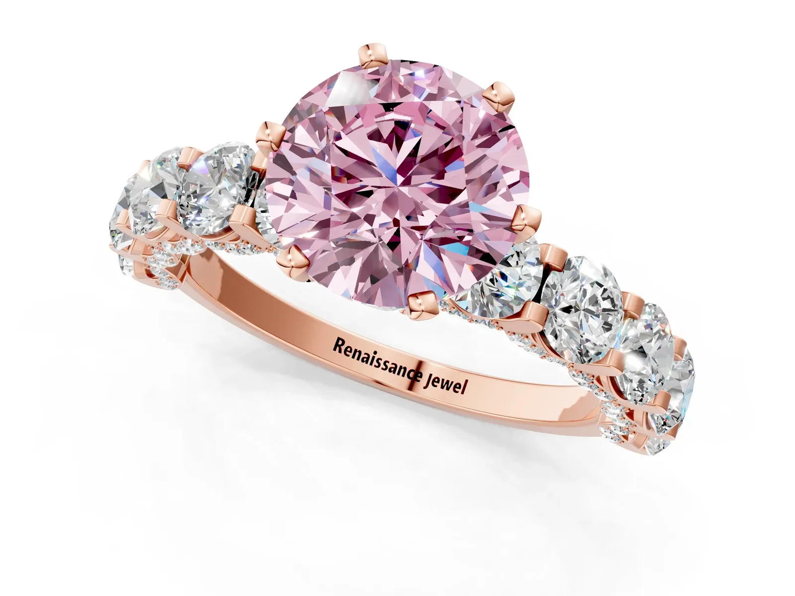 Fancy Pink Round Cut Diamond Side Stone Engagement Ring with Four-Prong Setting Rose gold