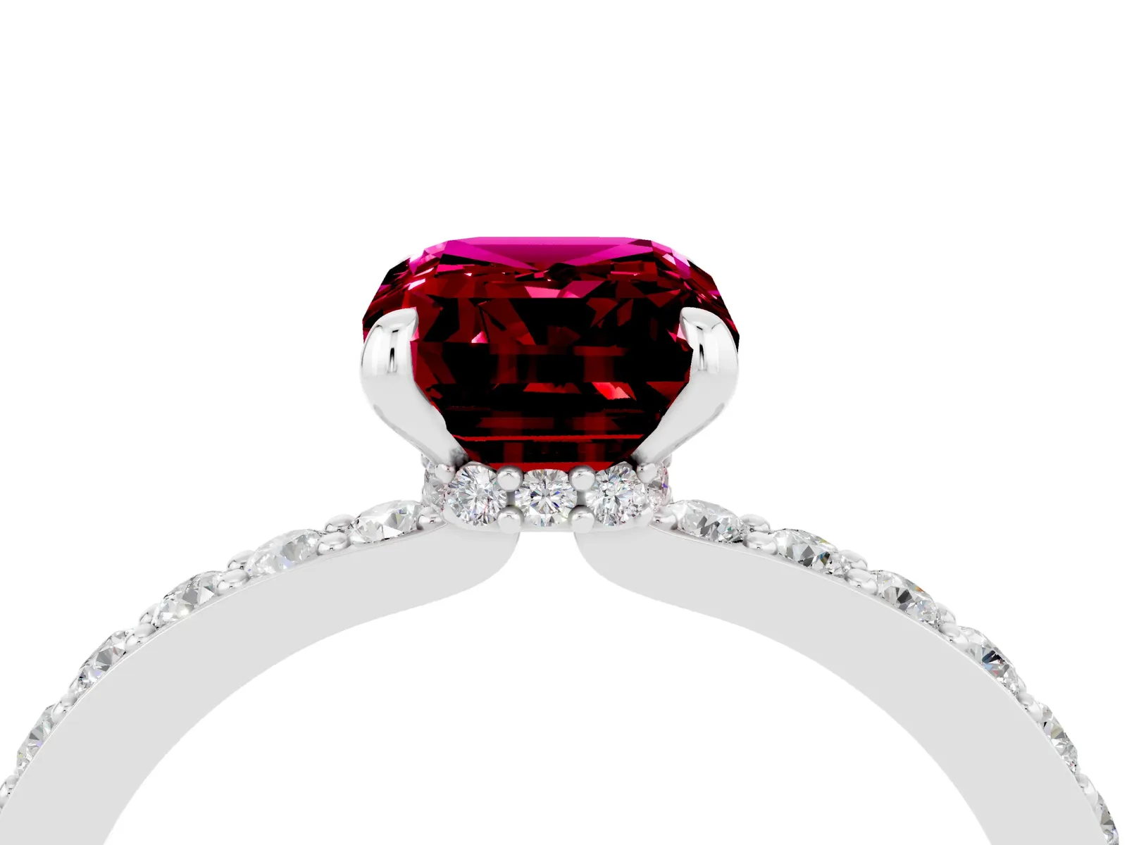 Emerald Cut Garnet Solitaire Engagement Ring with Pavé Band and Four-Prong Setting Platinum