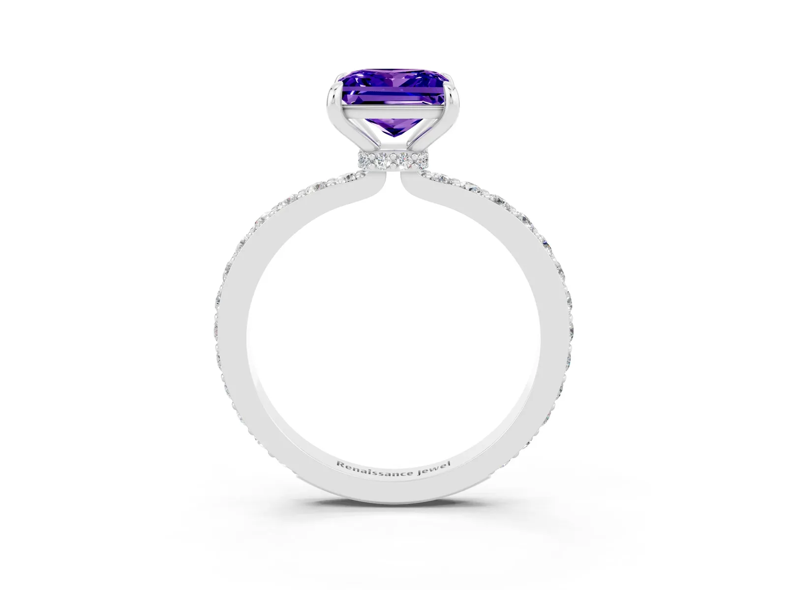 Princess Cut Tanzanite Solitaire Engagement Ring with Pavé Band and Four-Prong Setting Platinum