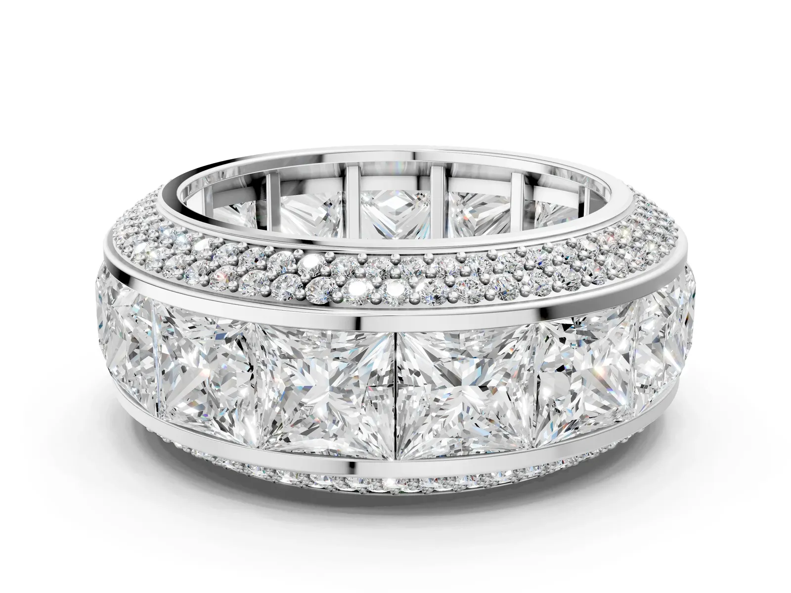 Princess Diamond Pavé Mens Wedding Band with Round Diamond Accents White gold