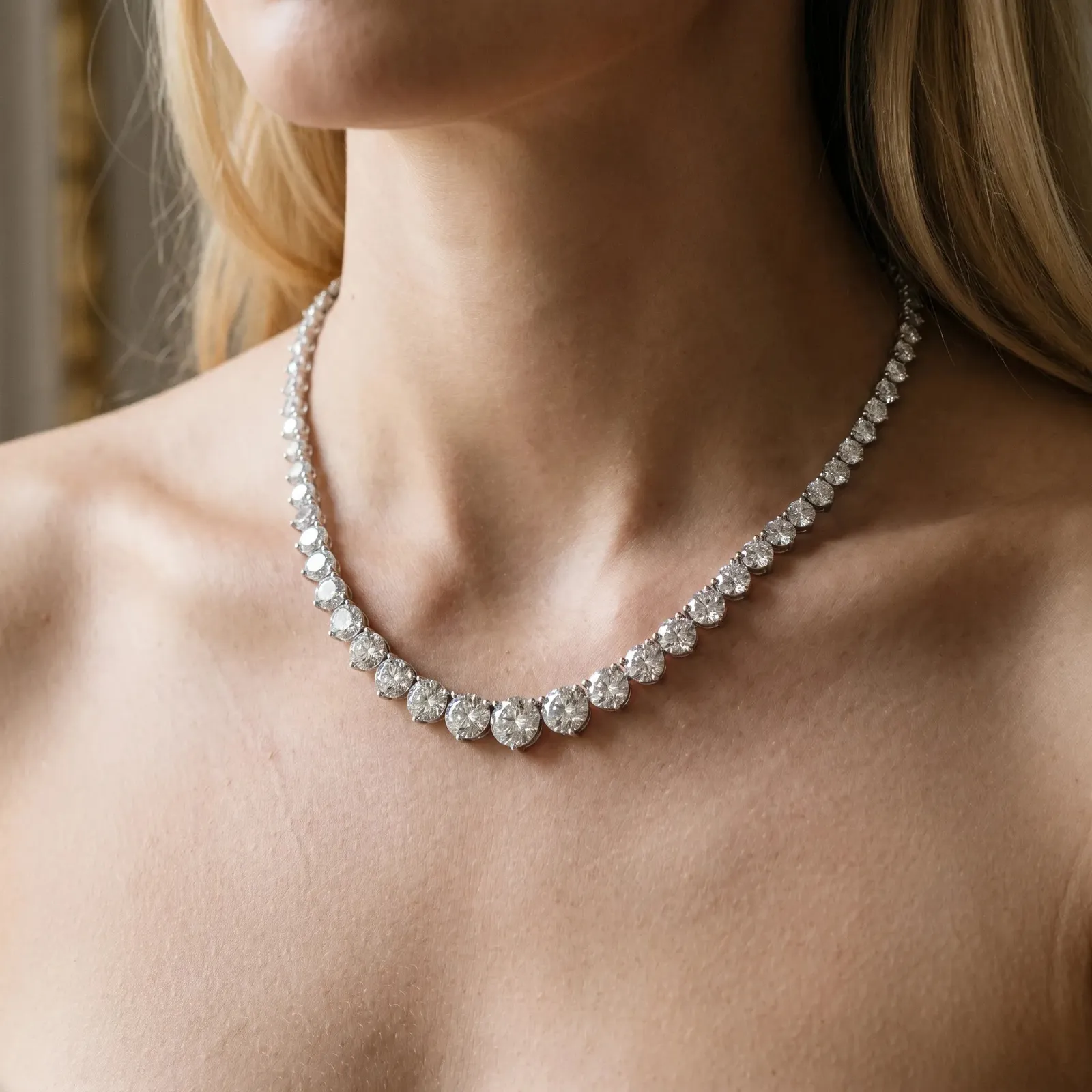 Round Cut Brilliant Graduated Diamond Tennis Necklace with Four-Prong Setting Rose gold