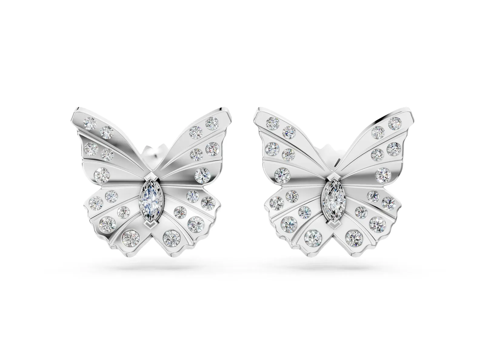 Round and Marquise Diamond Flutter Butterfly Stud Earrings Silver
