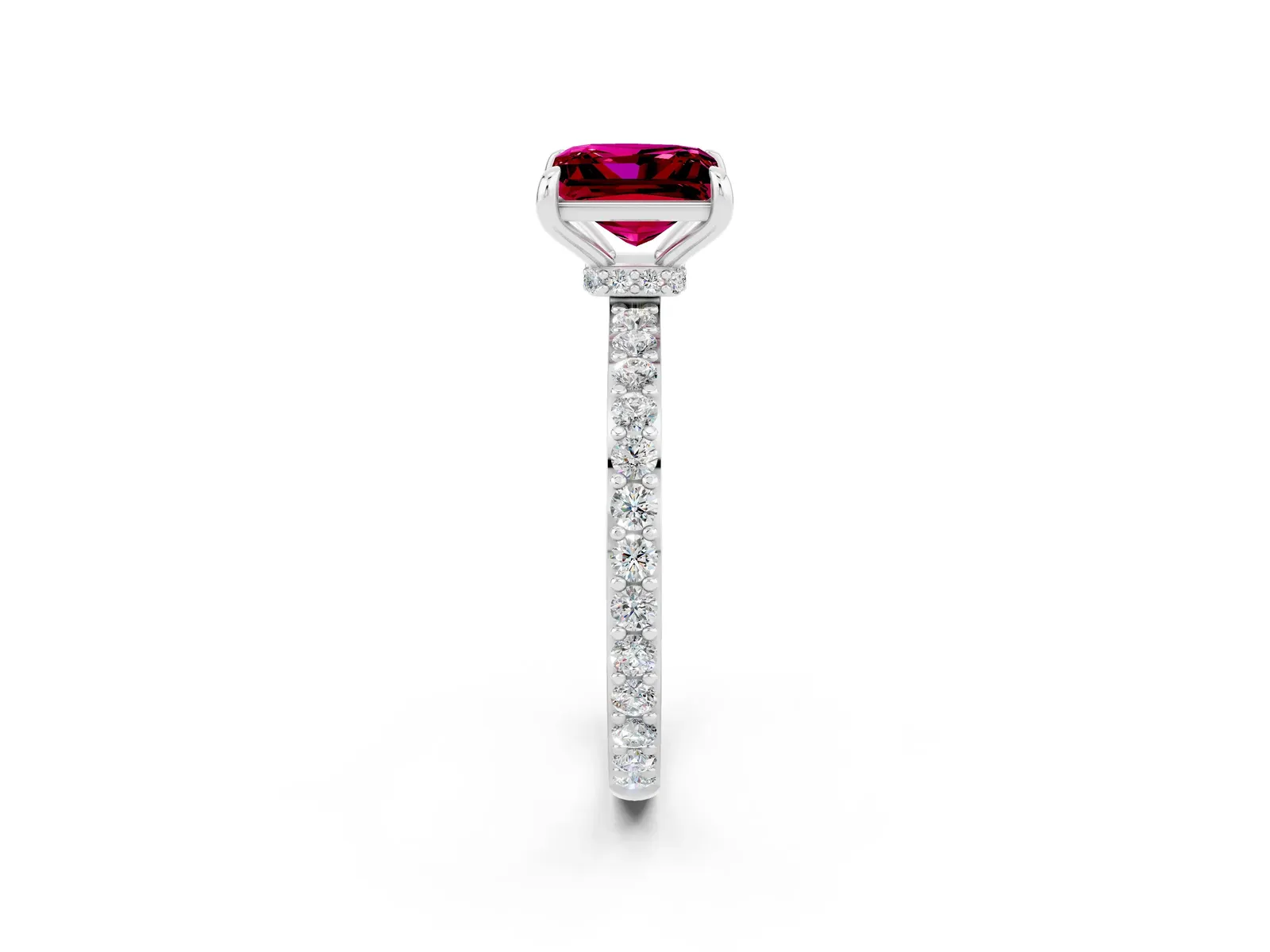 Princess Cut Garnet Solitaire Engagement Ring with Pavé Band and Four-Prong Setting Platinum