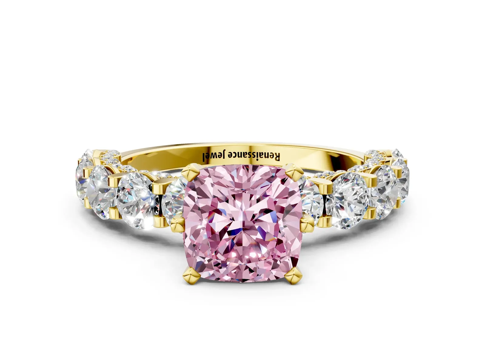 Fancy Pink Cushion Cut Diamond Side Stone Engagement Ring with Four-Prong Setting Yellow gold