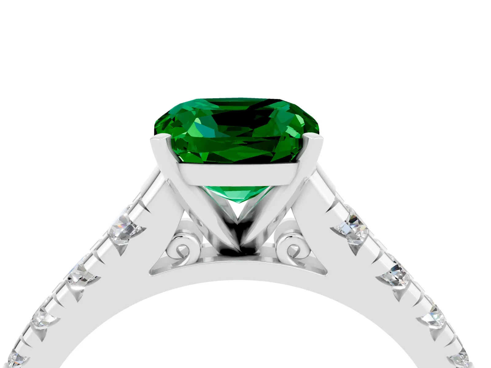 Cushion Cut Emerald Cathedral Solitaire Ring with Round Pavé Band Platinum