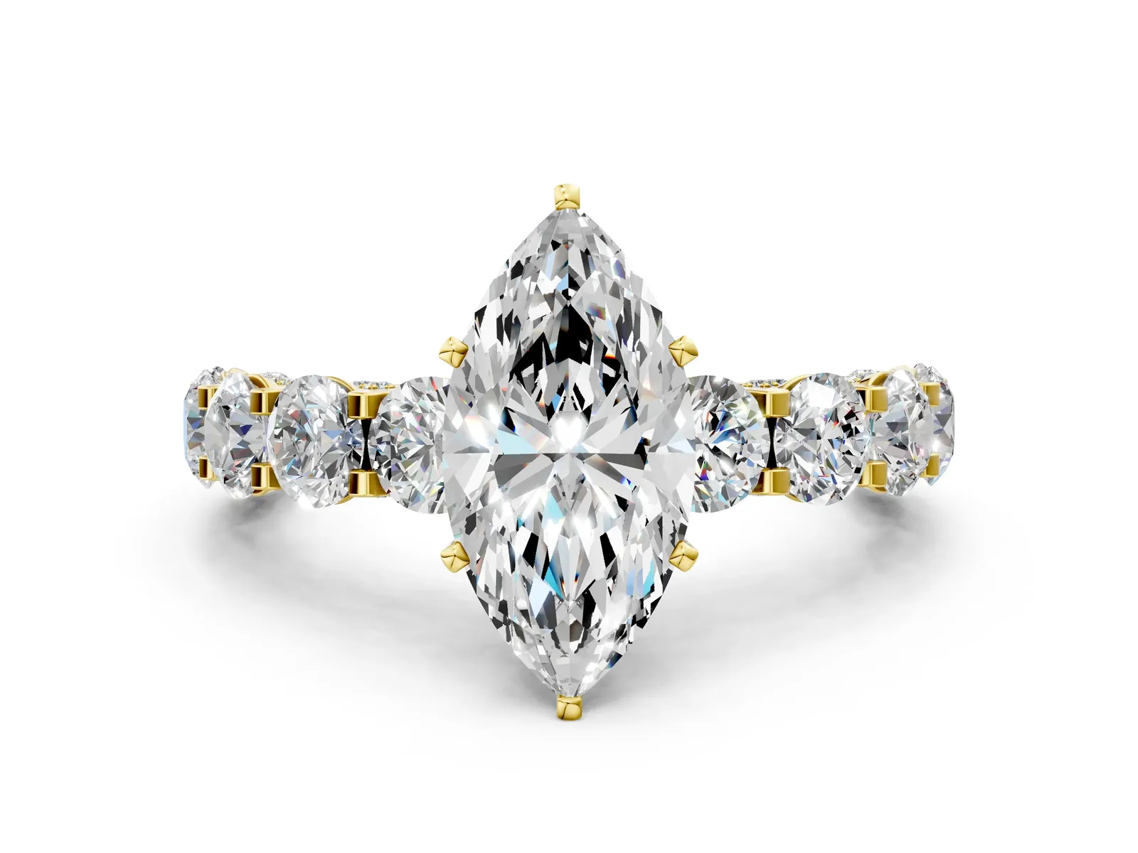 Marquise Cut Diamond Side Stone Engagement Ring with Four-Prong Setting Yellow gold
