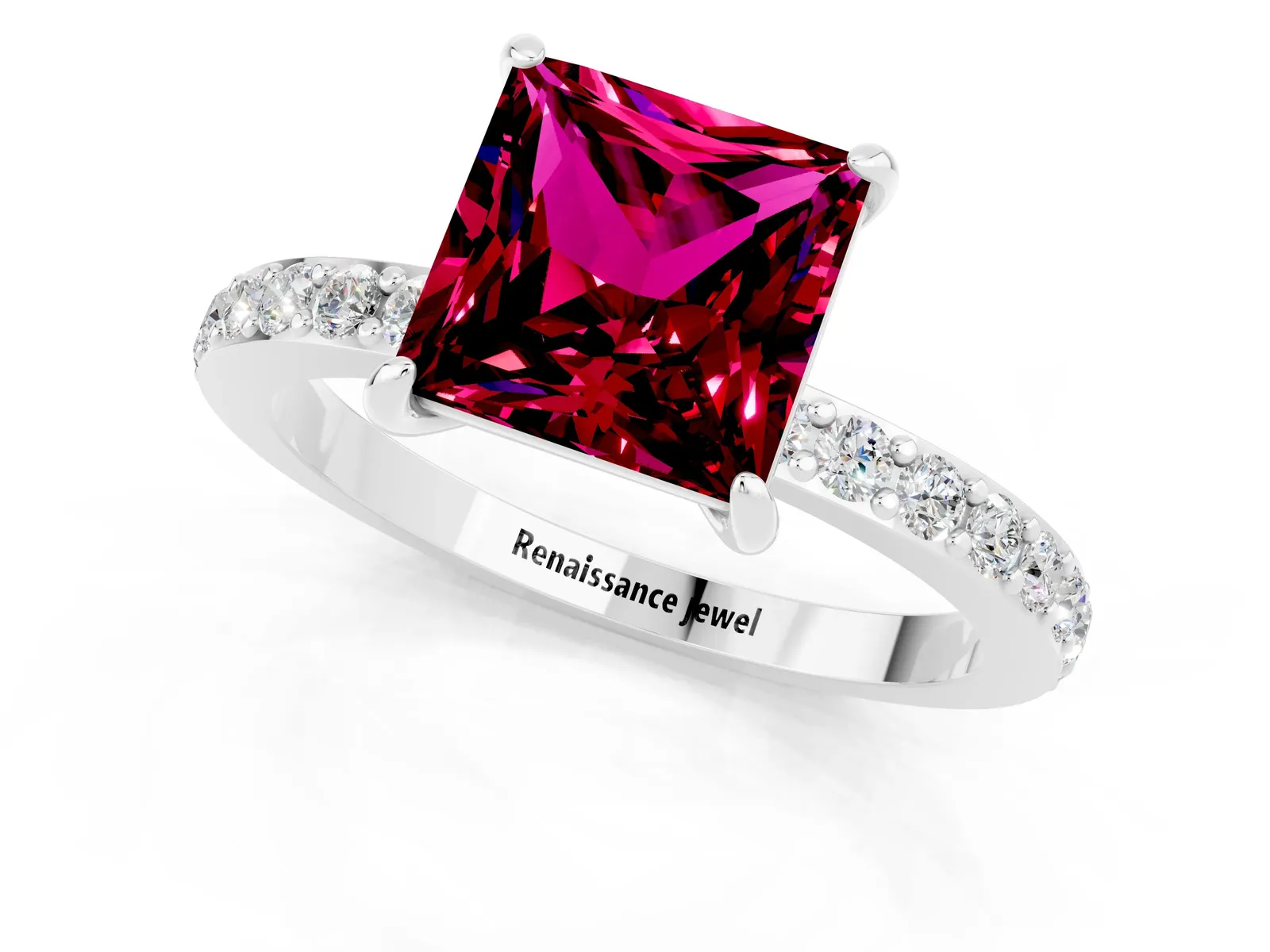 Princess Cut Garnet Solitaire Engagement Ring with Pavé Band and Four-Prong Setting Platinum