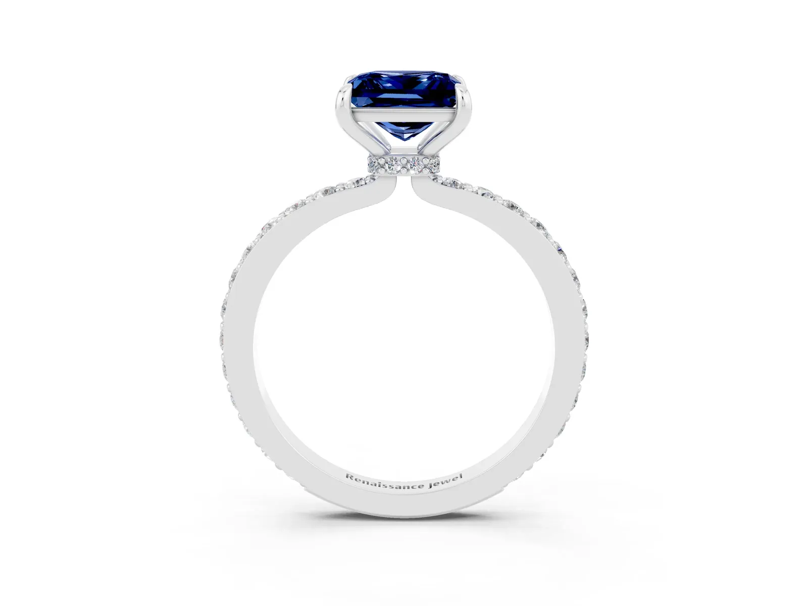 Princess Cut Blue Sapphire Solitaire Engagement Ring with Pavé Band and Four-Prong Setting Platinum