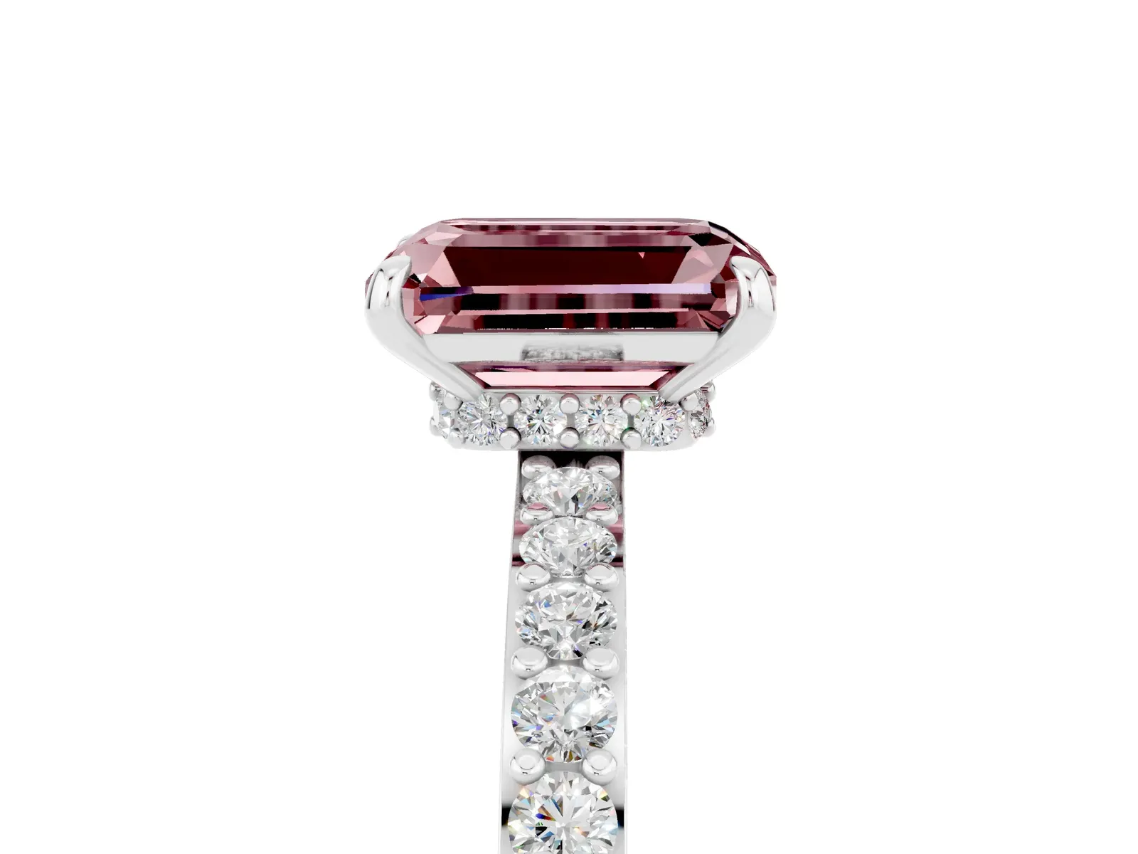 Emerald Cut Morganite Solitaire Engagement Ring with Pavé Band and Four-Prong Setting Platinum