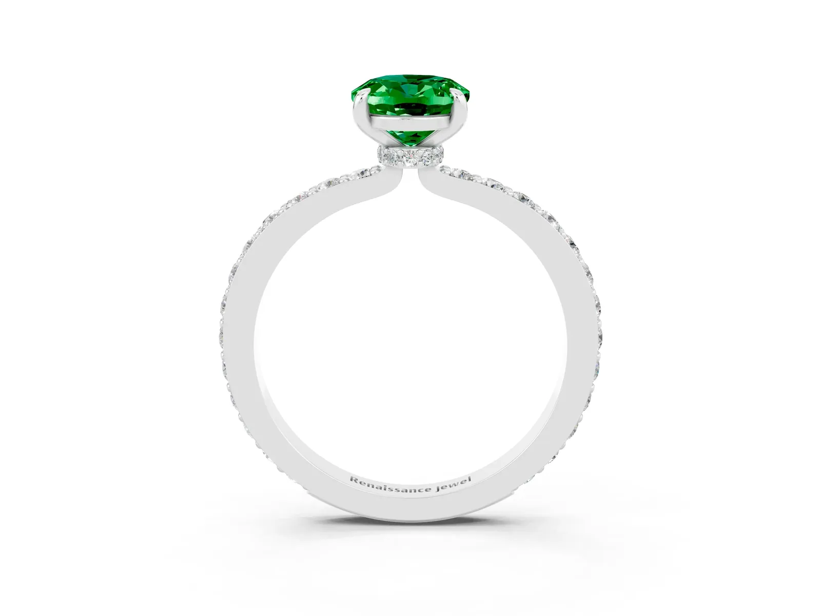 Oval Cut Emerald Solitaire Engagement Ring with Pavé Band and Four-Prong Setting Platinum