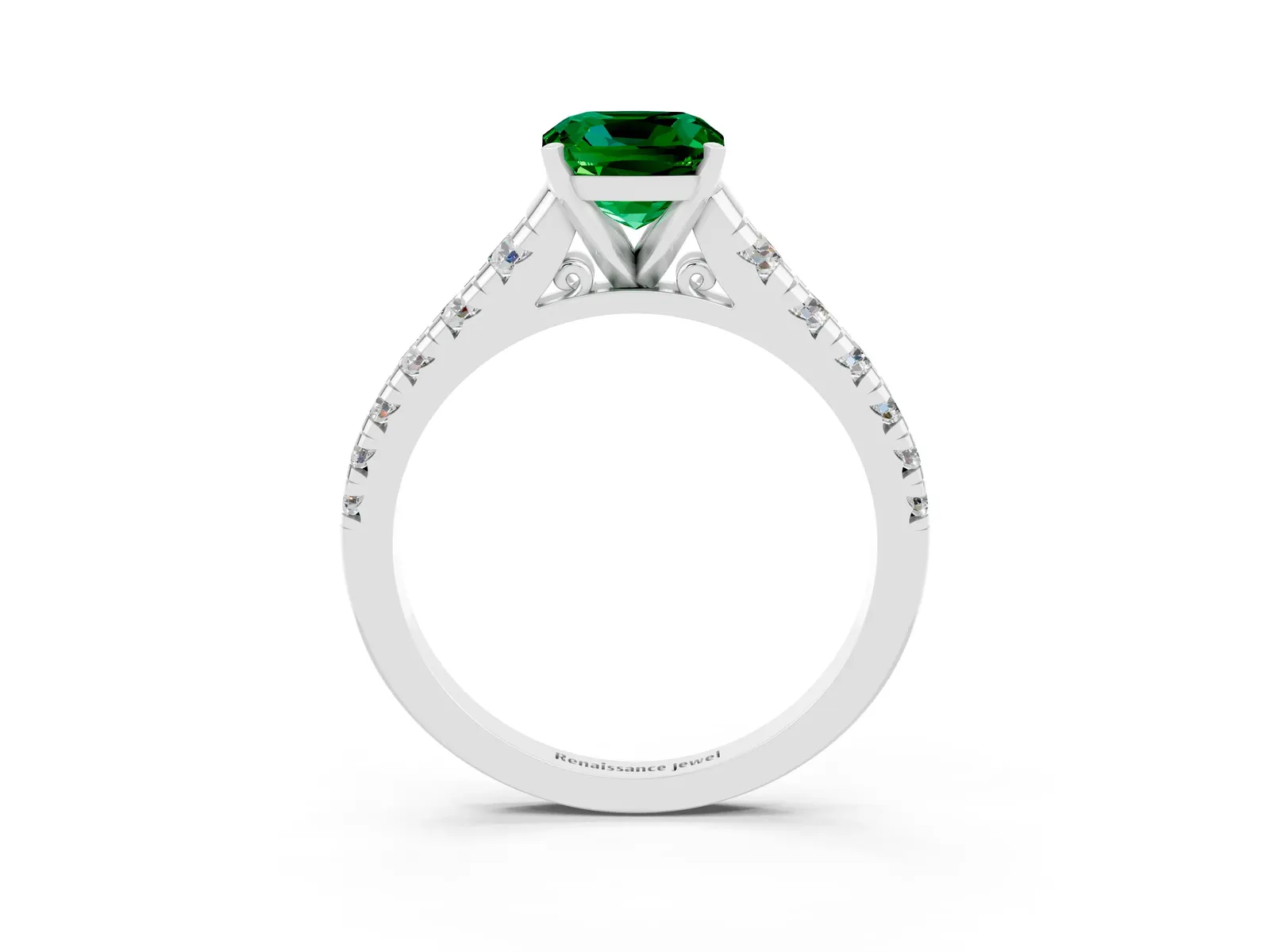 Cushion Cut Emerald Cathedral Solitaire Ring with Round Pavé Band Platinum