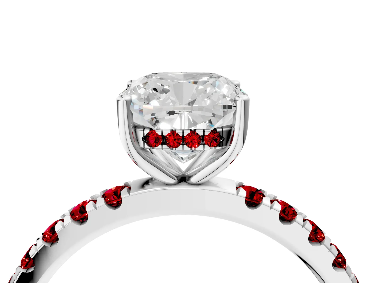 Cushion Cut Diamond Pave Band Solitaire Ring with Round Ruby and Prong Setting Platinum