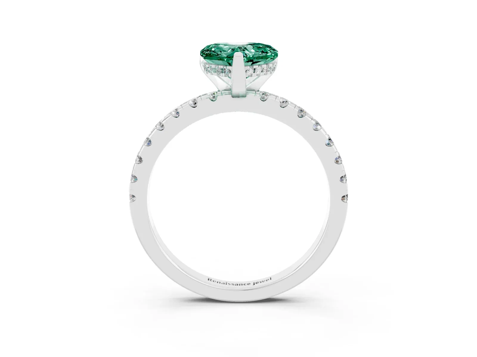 Heart Cut Green Sapphire Solitaire Ring with Round Pavé Band and Four-Prong Setting Platinum