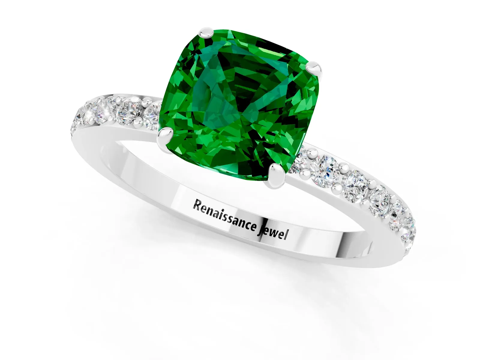 Cushion Cut Emerald Solitaire Engagement Ring with Pavé Band and Four-Prong Setting Platinum