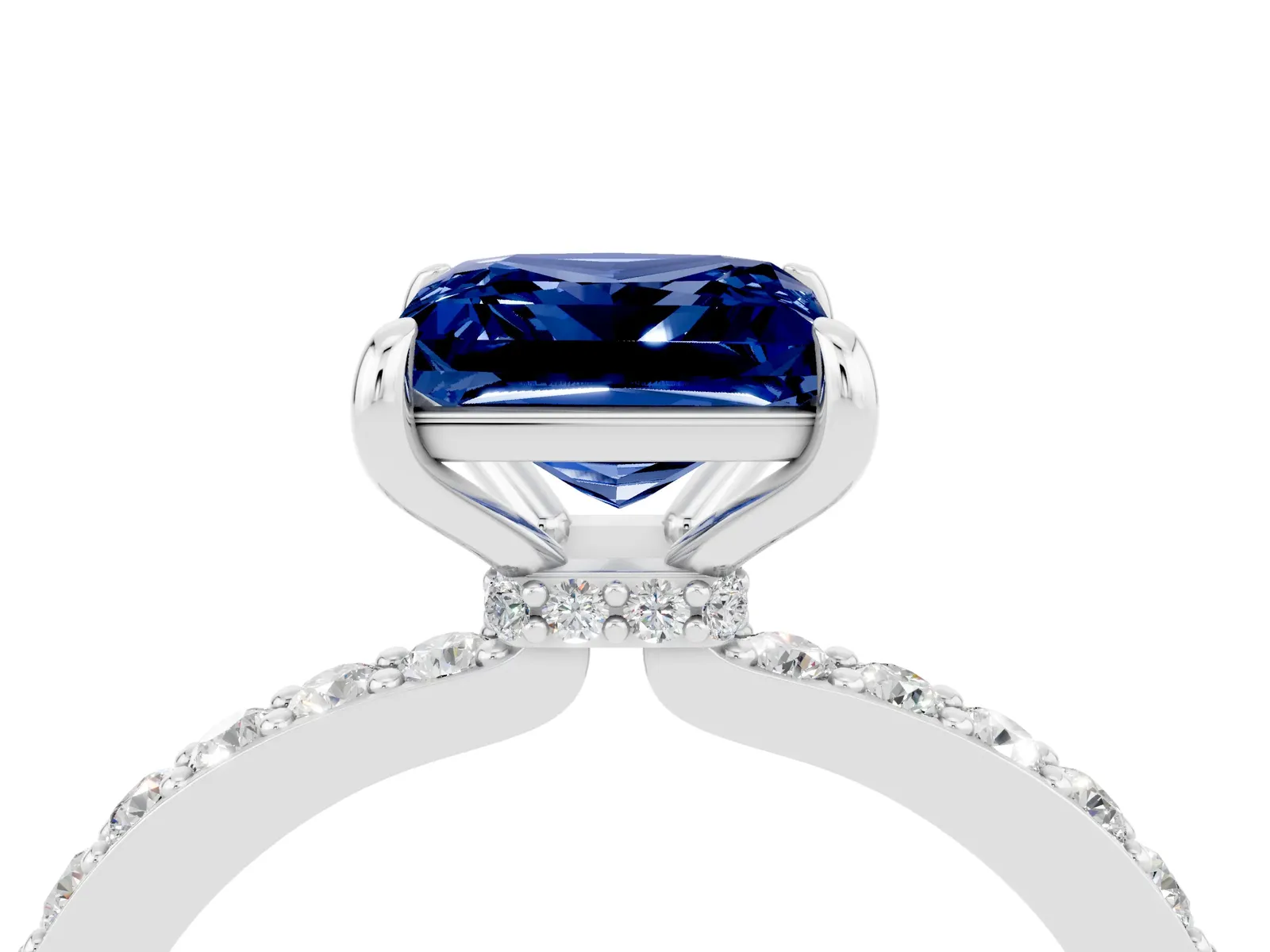 Princess Cut Blue Sapphire Solitaire Engagement Ring with Pavé Band and Four-Prong Setting Platinum