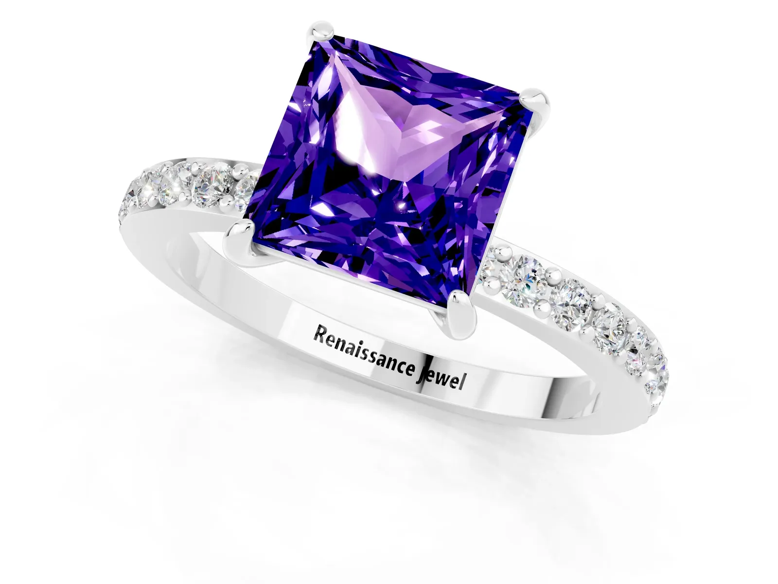 Princess Cut Tanzanite Solitaire Engagement Ring with Pavé Band and Four-Prong Setting Platinum