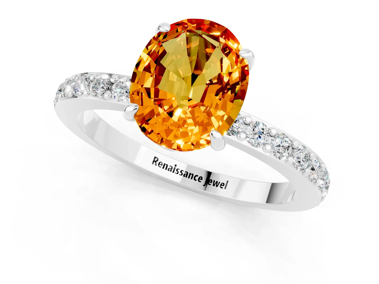 Oval Cut Citrine Solitaire Engagement Ring with Pavé Band and Four-Prong Setting Platinum