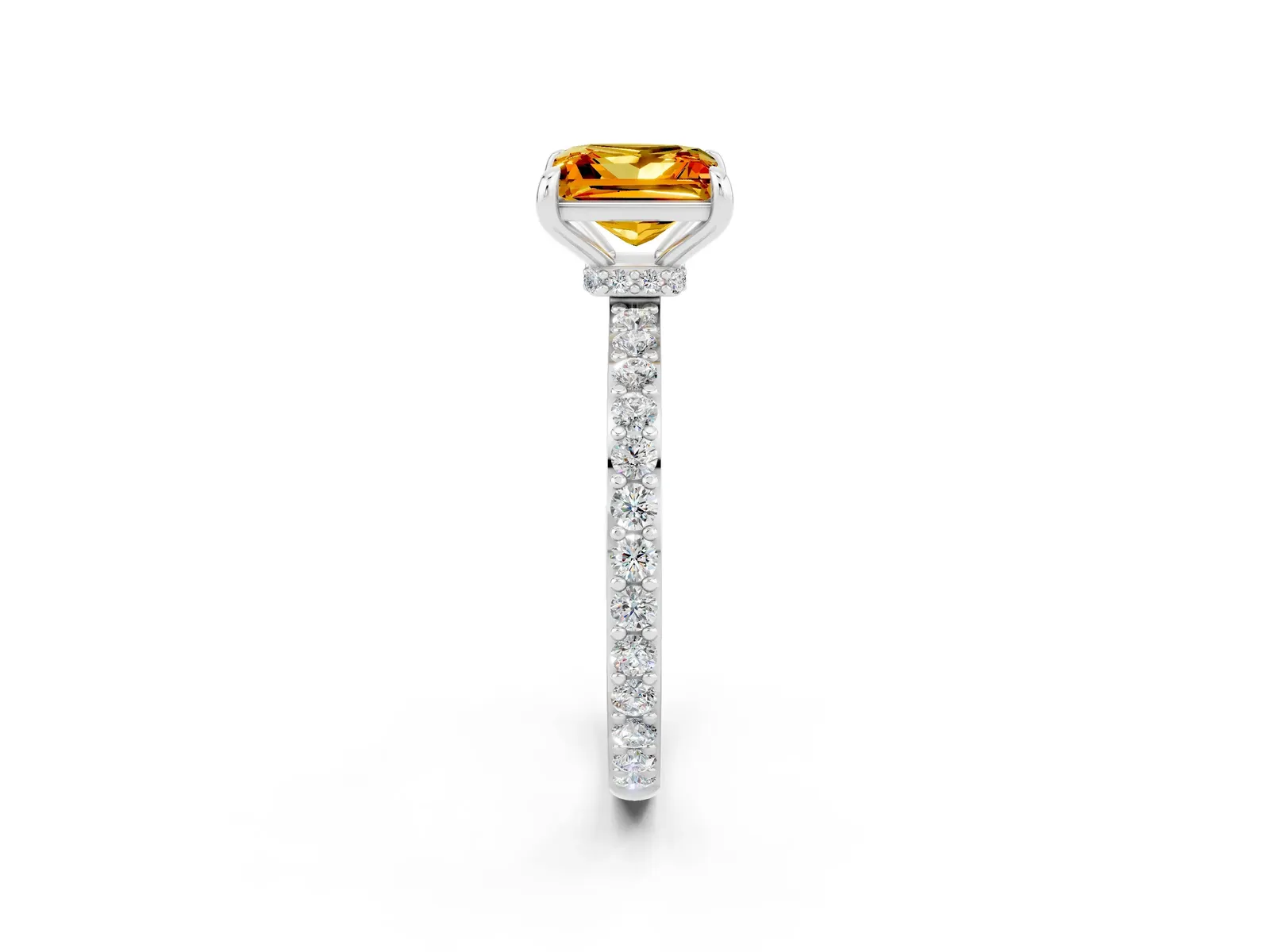 Princess Cut Citrine Solitaire Engagement Ring with Pavé Band and Four-Prong Setting Platinum