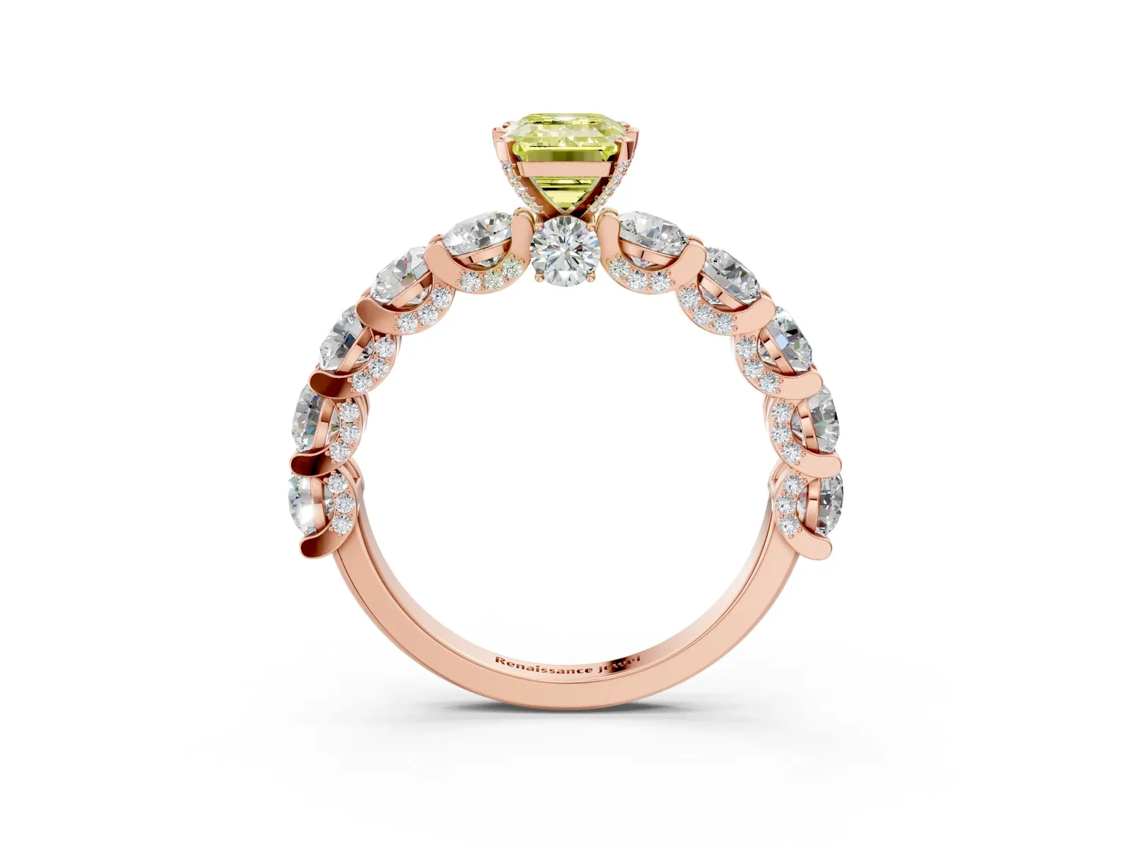 Fancy Yellow Emerald Cut Diamond Side Stone Engagement Ring with Four-Prong Setting Rose gold