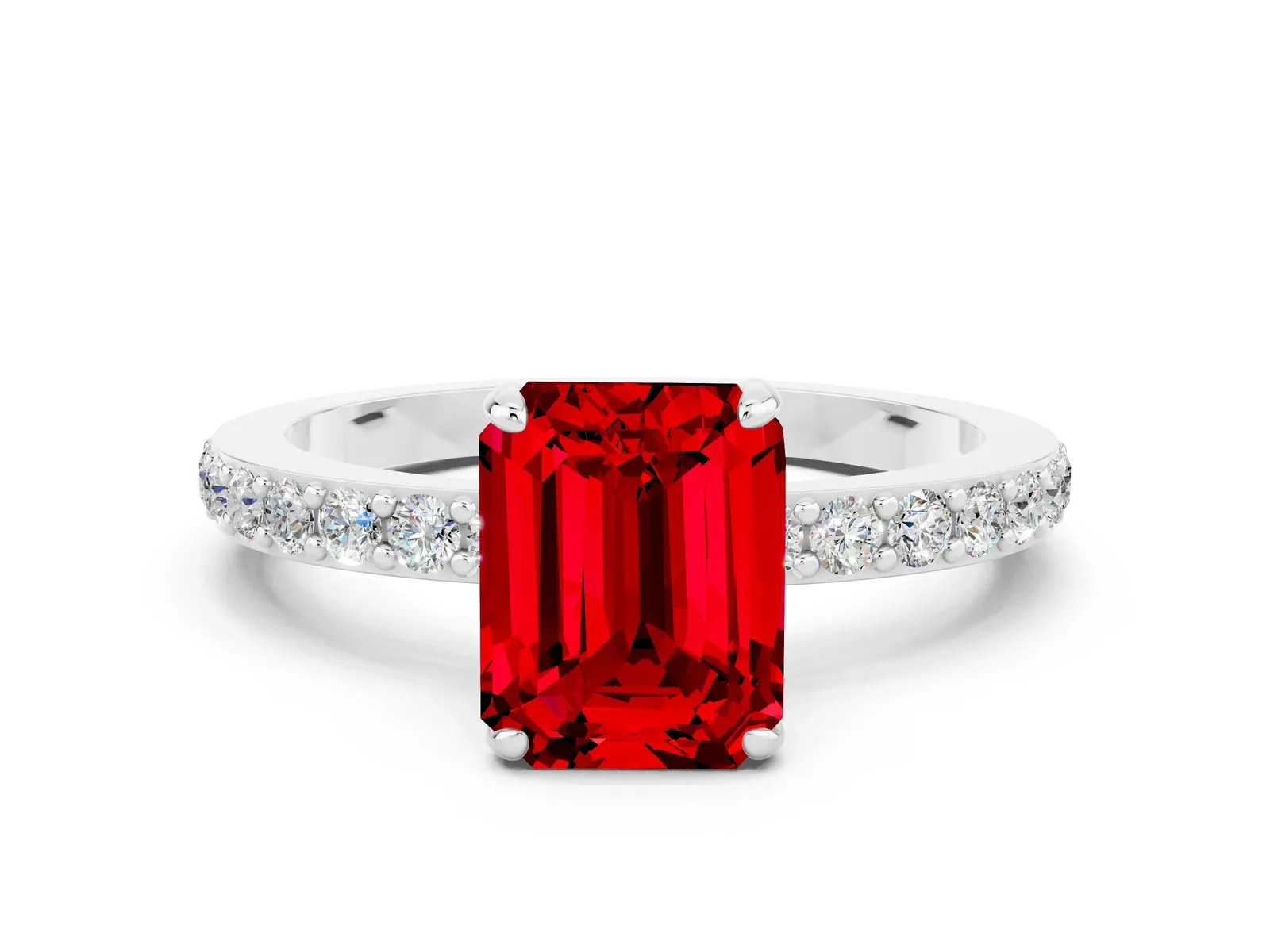 Emerald Cut Ruby Solitaire Engagement Ring with Pavé Band and Four-Prong Setting Platinum