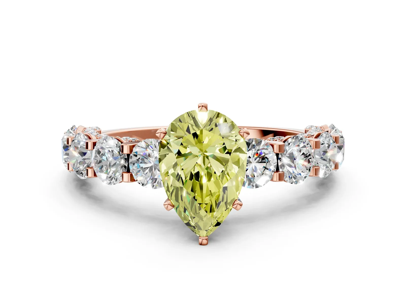 Fancy Yellow Pear Cut Diamond Side Stone Engagement Ring with Four-Prong Setting Rose gold
