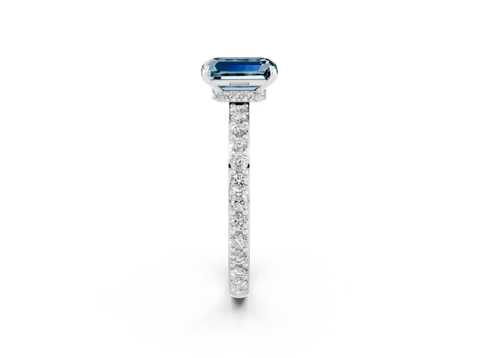 Emerald Cut Aquamarine Solitaire Engagement Ring with Pavé Band and Four-Prong Setting Platinum