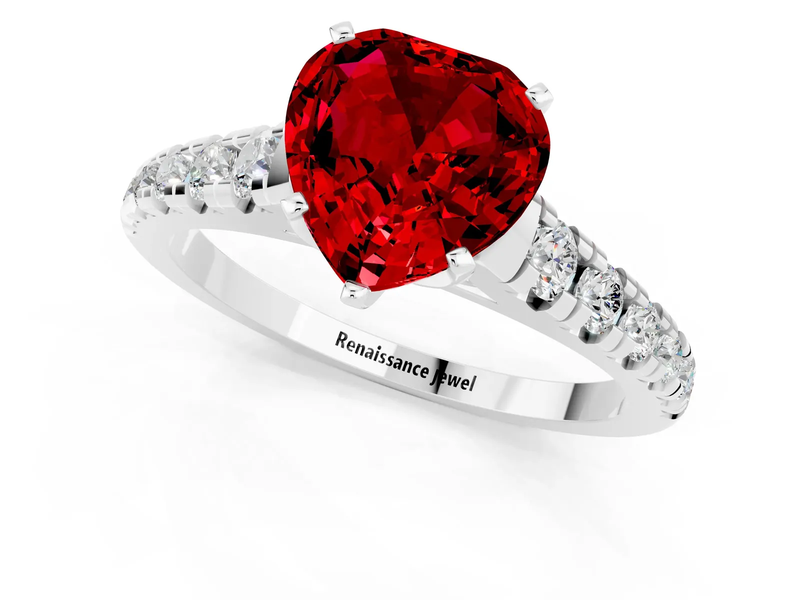 Heart Cut Ruby Cathedral Solitaire Ring with Round Pavé Band Platinum