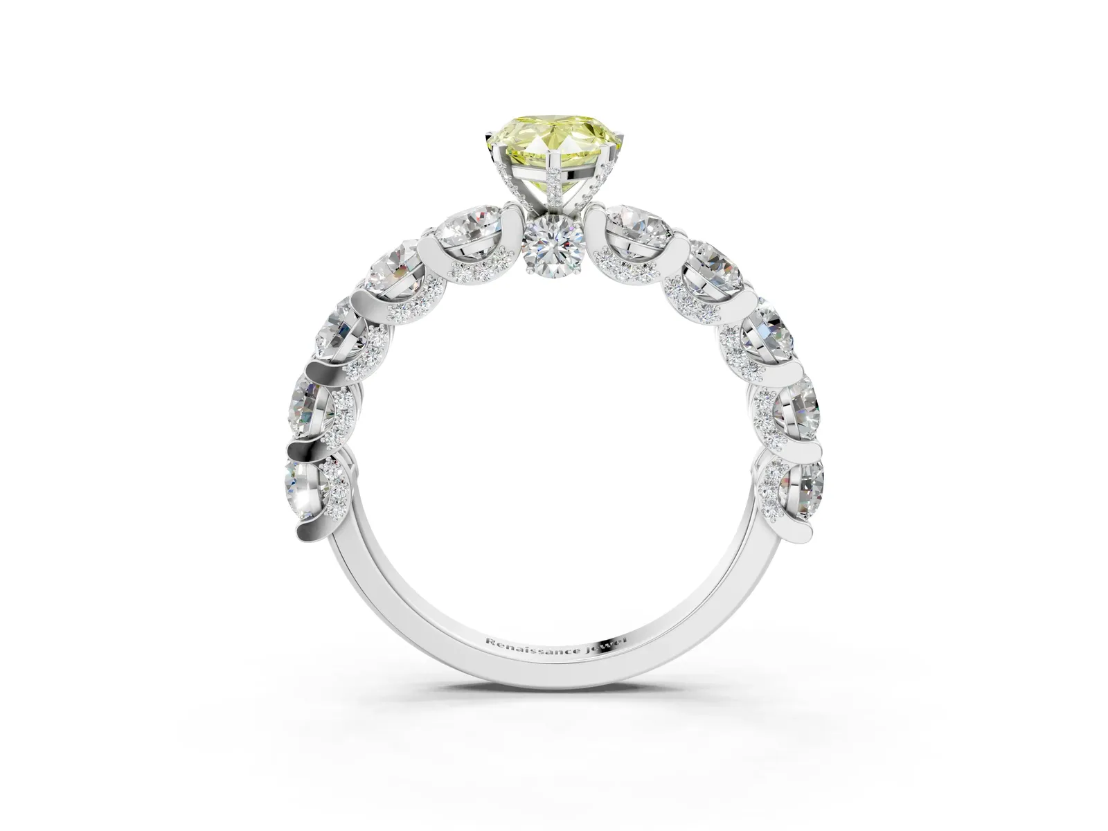 Fancy Yellow Pear Cut Diamond Side Stone Engagement Ring with Four-Prong Setting Silver