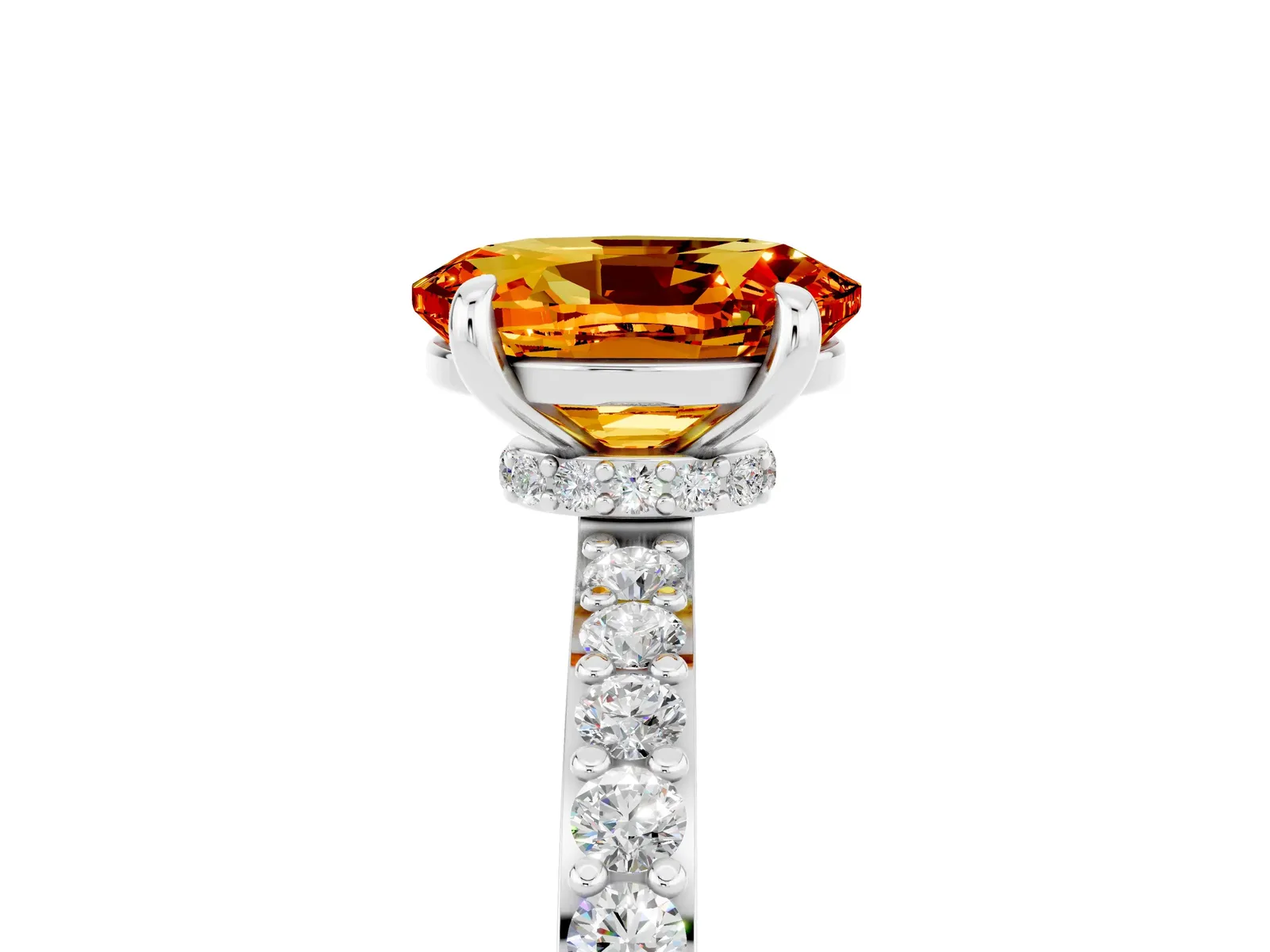 Oval Cut Citrine Solitaire Engagement Ring with Pavé Band and Four-Prong Setting Platinum