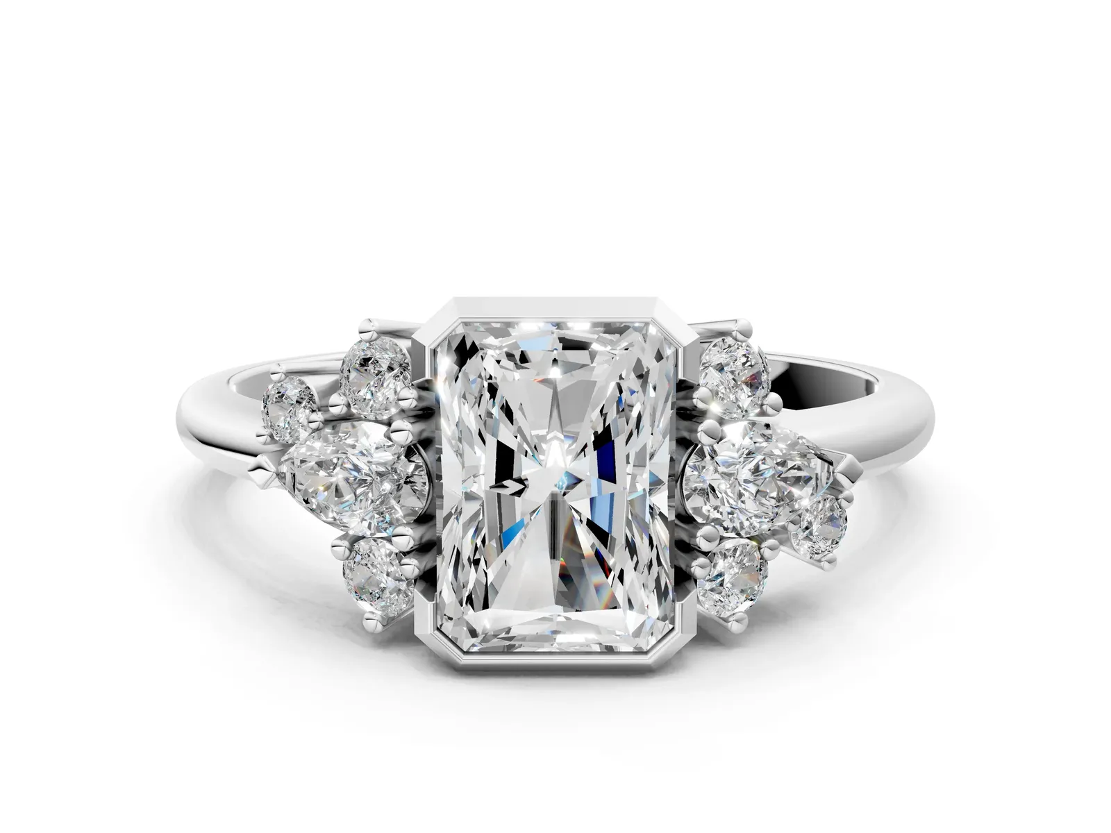 Radiant Diamond Engagement Ring with Pear and Round Side Stones White gold