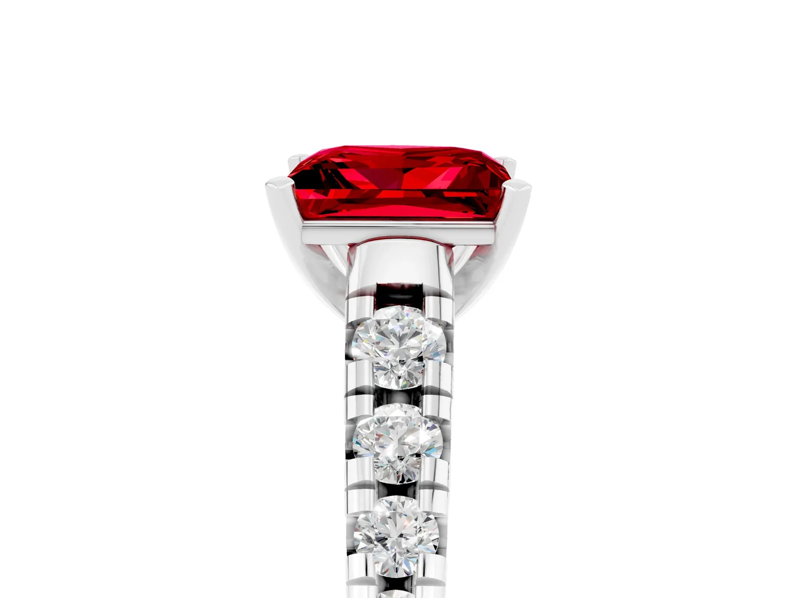 Princess Cut Ruby Cathedral Solitaire Ring with Round Pavé Band Platinum