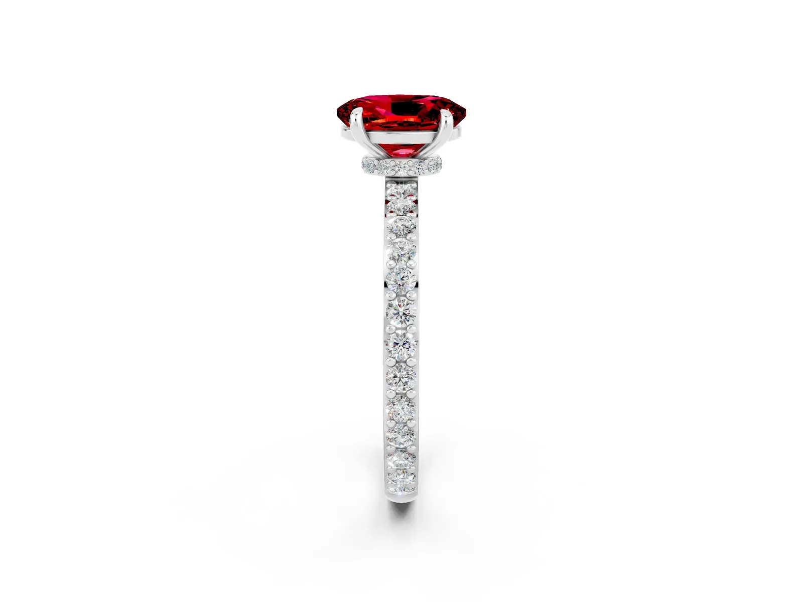 Oval Cut Ruby Solitaire Engagement Ring with Pavé Band and Four-Prong Setting Platinum