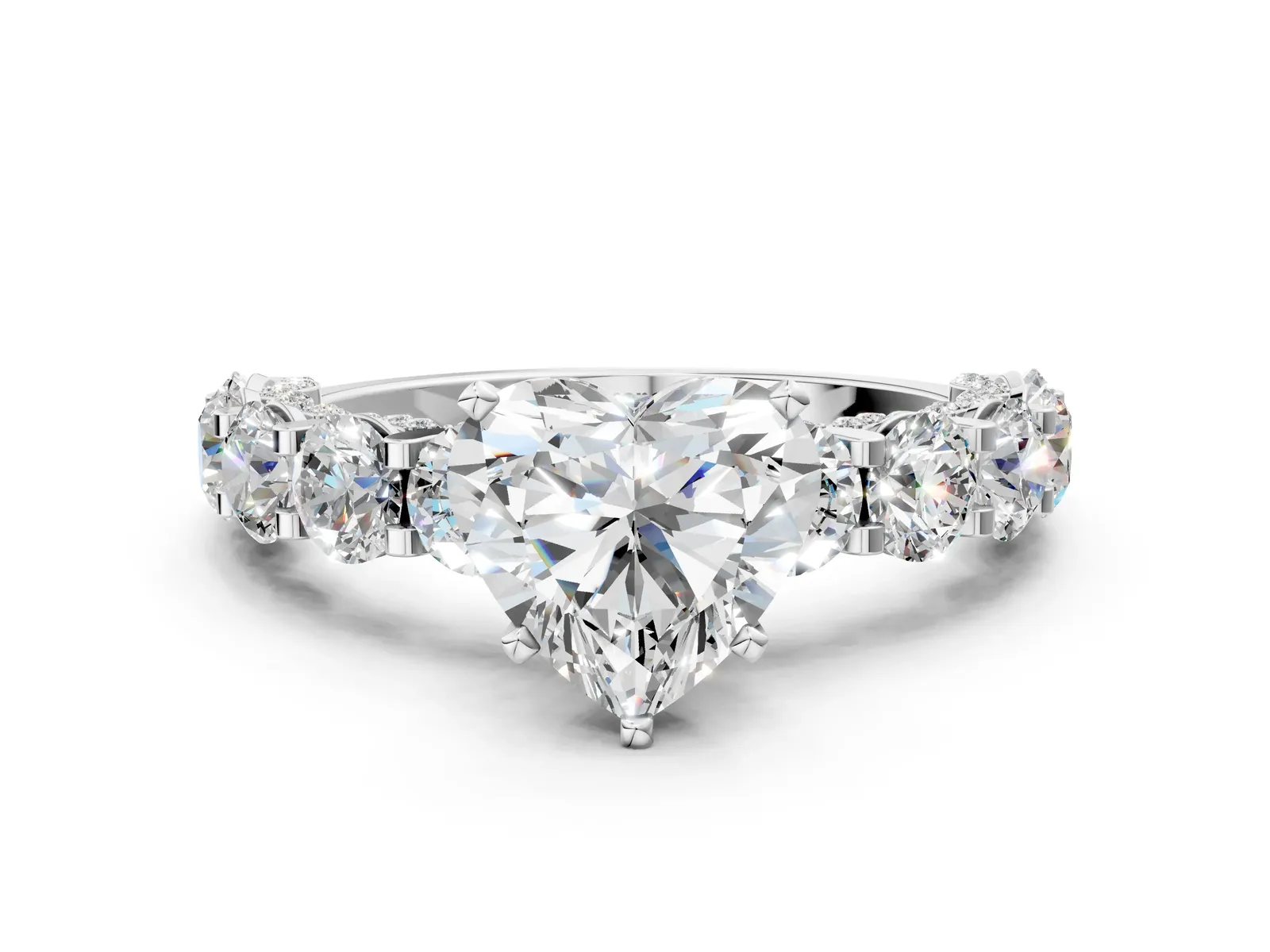 Heart Cut Diamond Side Stone Engagement Ring with Four-Prong Setting White gold