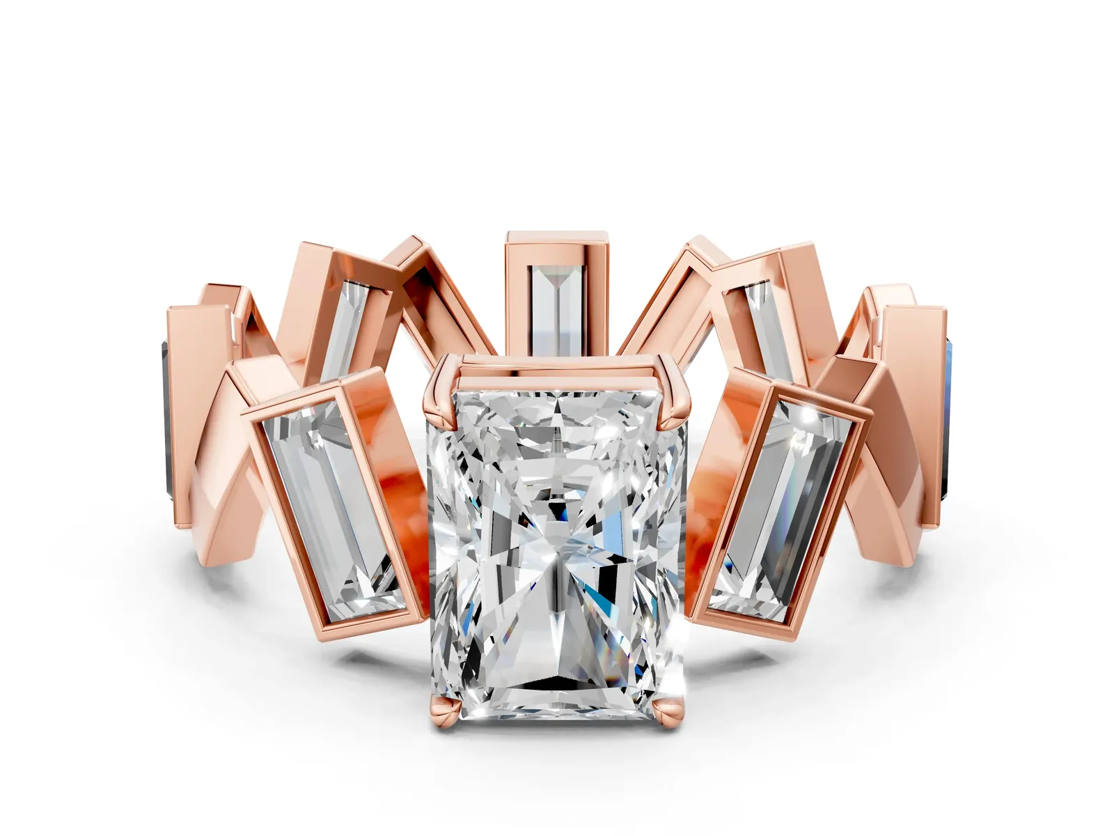 Radiant Diamond Geometric Side Stone Engagement Ring Rose gold