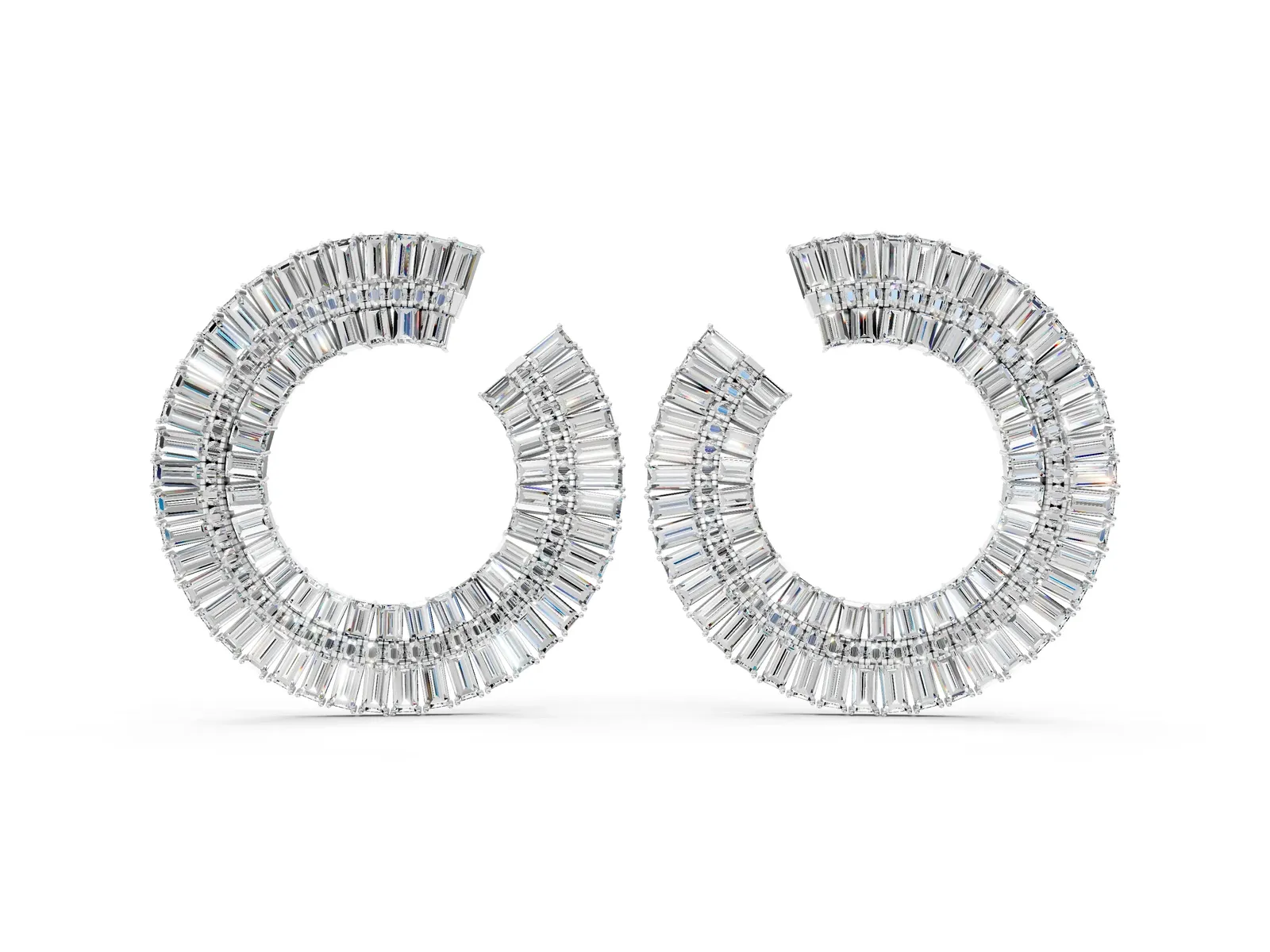 Baguette and Round Diamond Fanned Hoop Earrings Silver