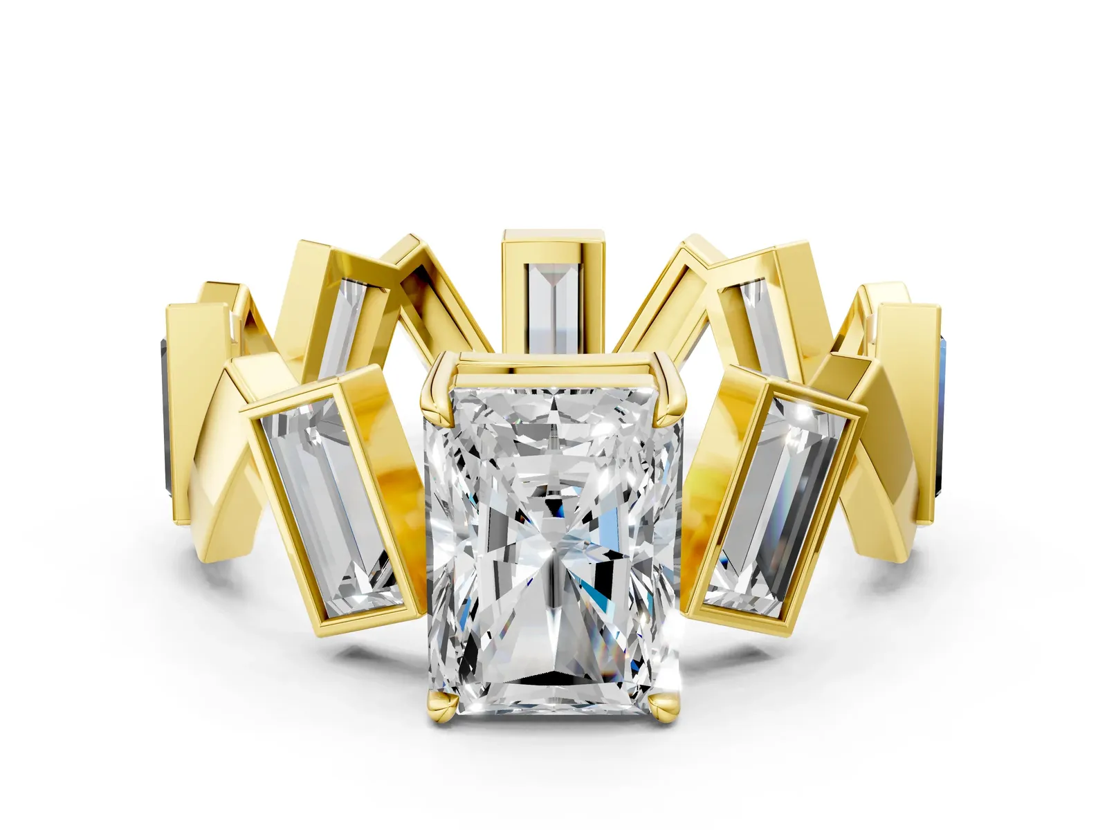 Radiant Diamond Geometric Side Stone Engagement Ring Yellow gold