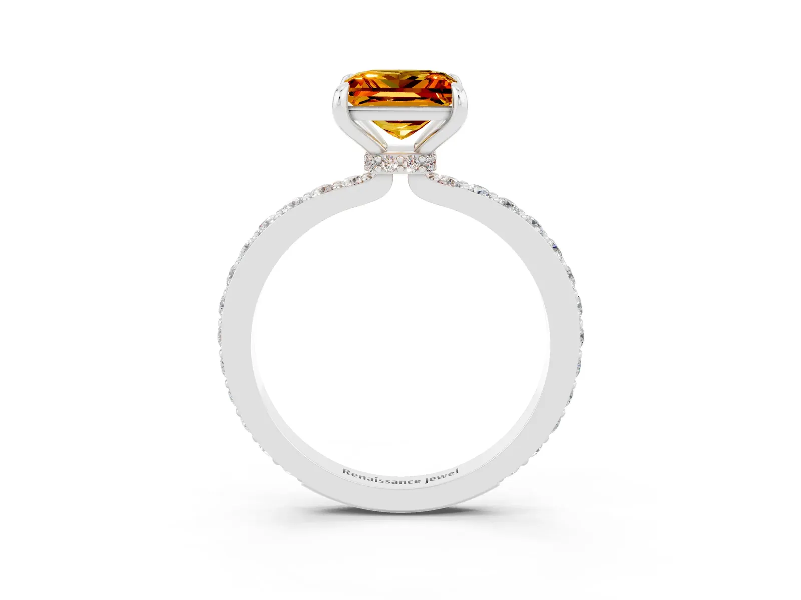 Princess Cut Citrine Solitaire Engagement Ring with Pavé Band and Four-Prong Setting Platinum